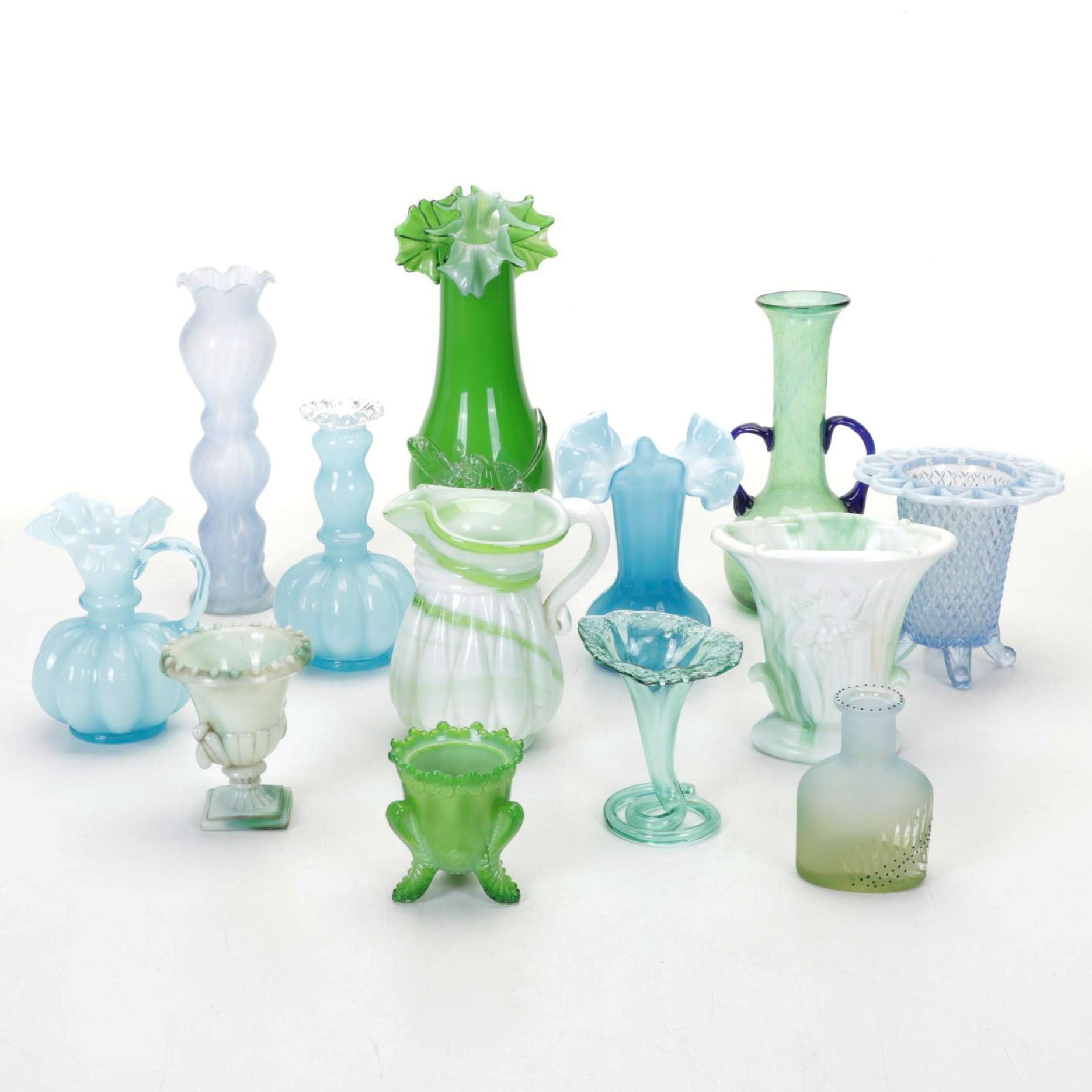 Fenton Blue Melon Pitcher and Vases  with Other Glass Decor