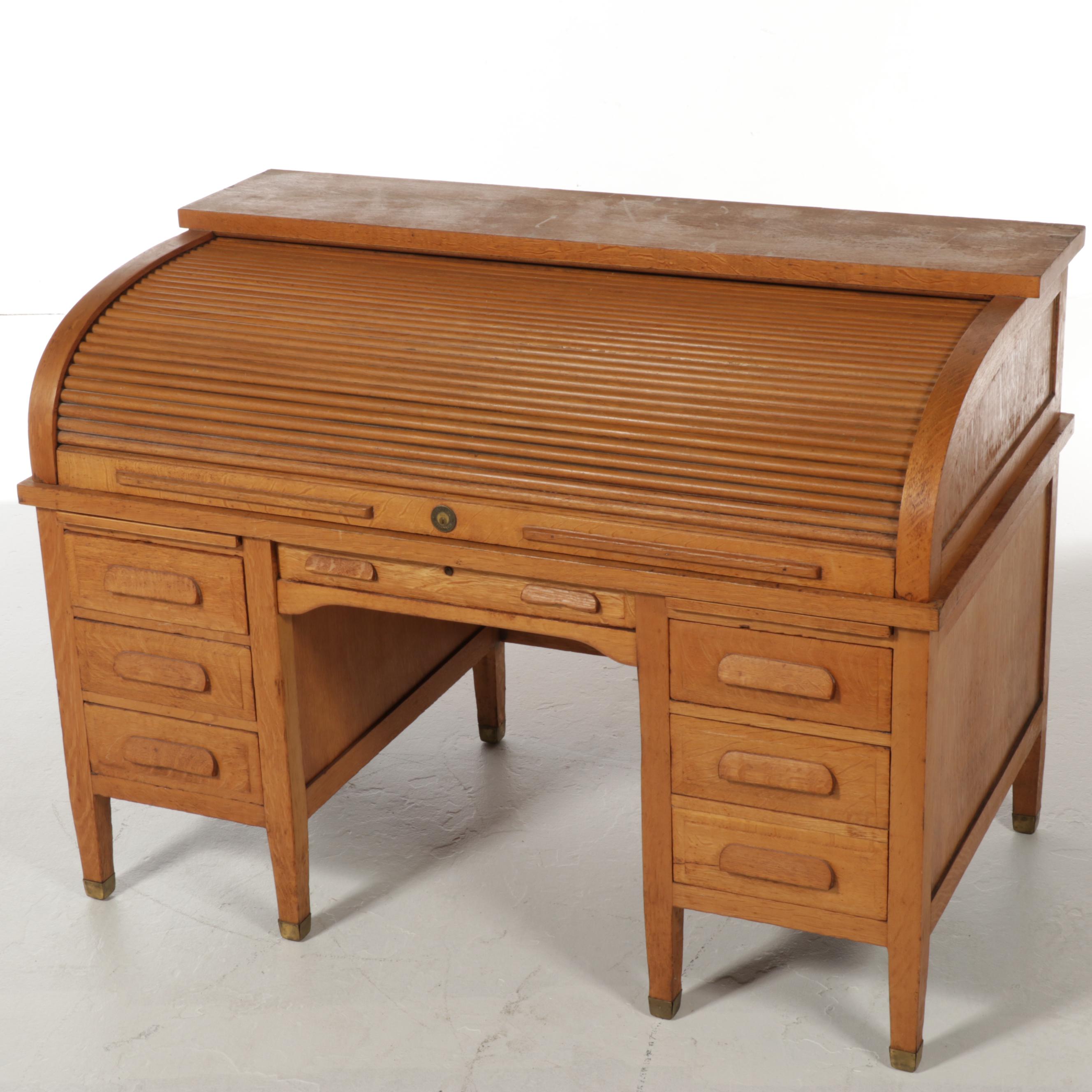 H. Krug Furniture Banker's Desk Chair with Oak Roll-Top Desk