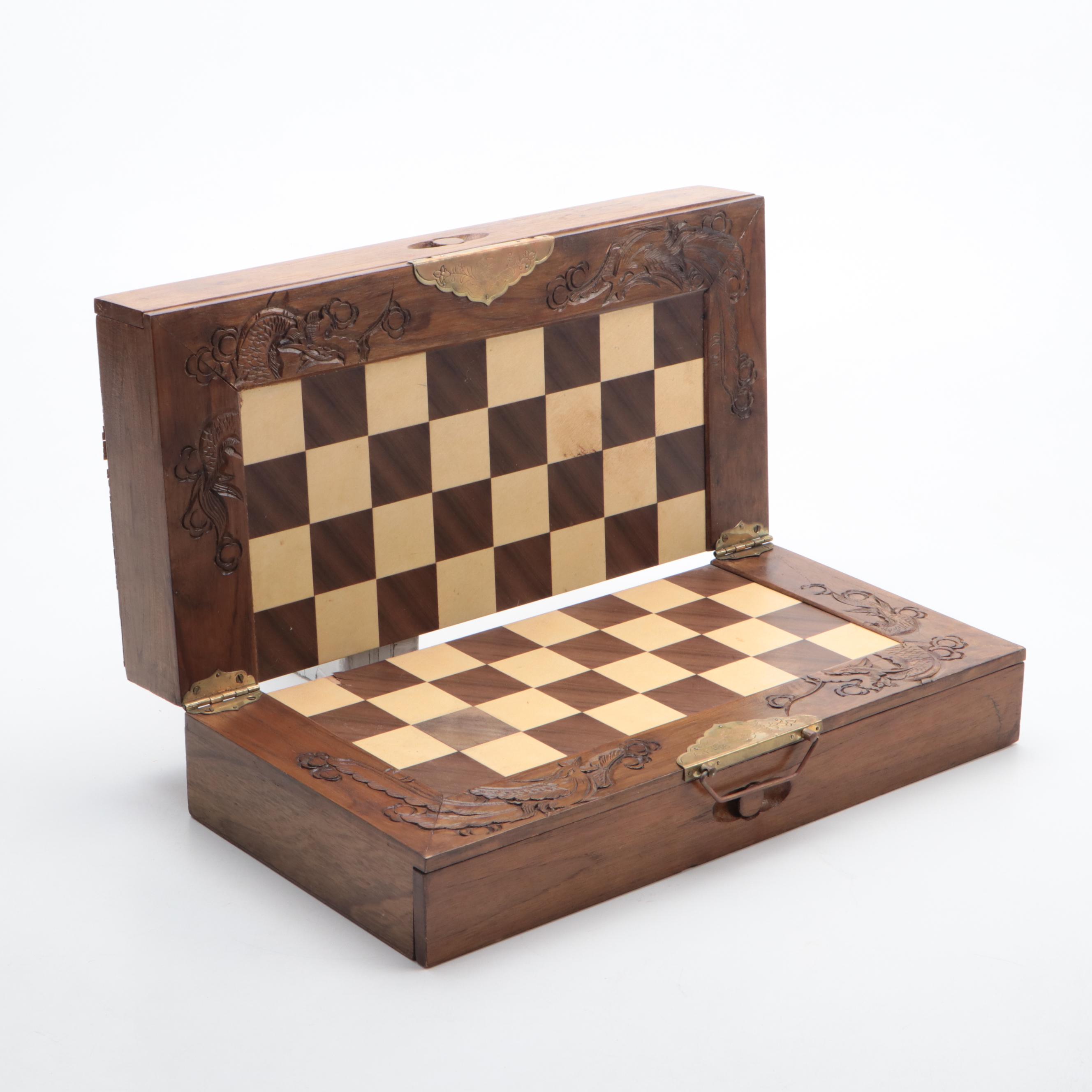 Hand-Carved Wooden Chess Board Converting Case With Pieces