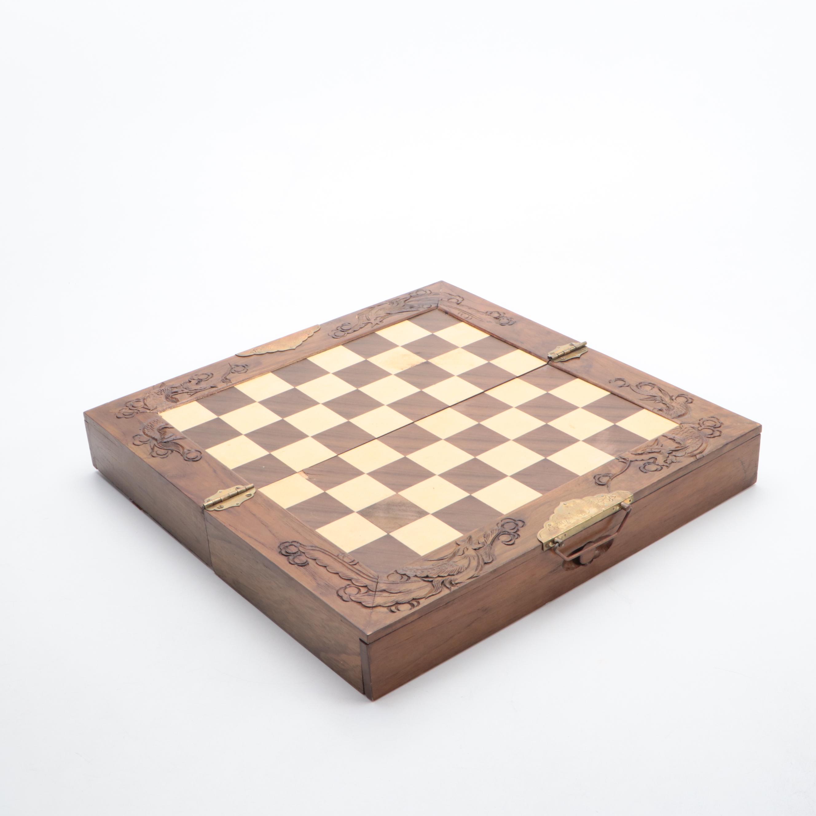 Hand-Carved Wooden Chess Board Converting Case With Pieces