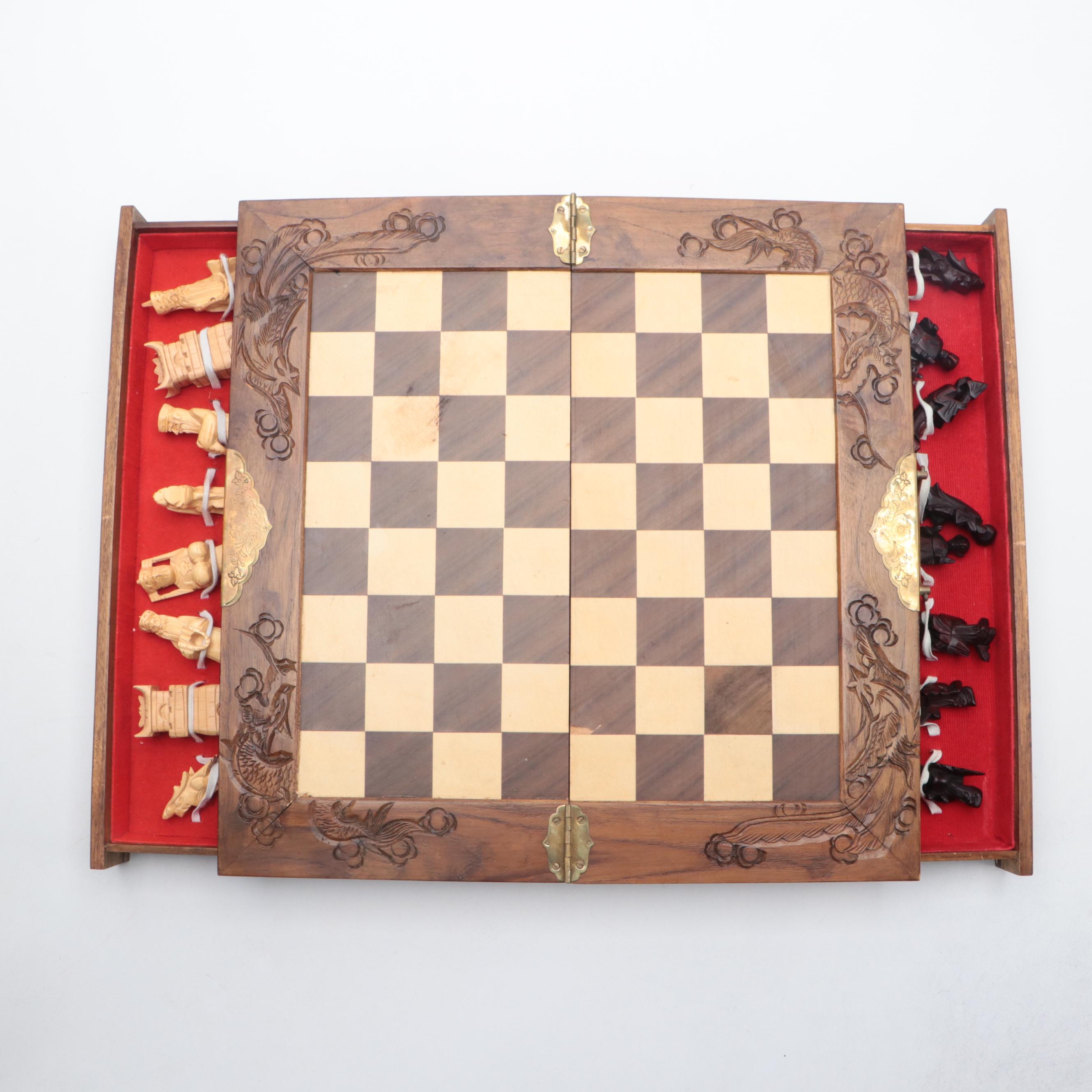 Hand-Carved Wooden Chess Board Converting Case With Pieces