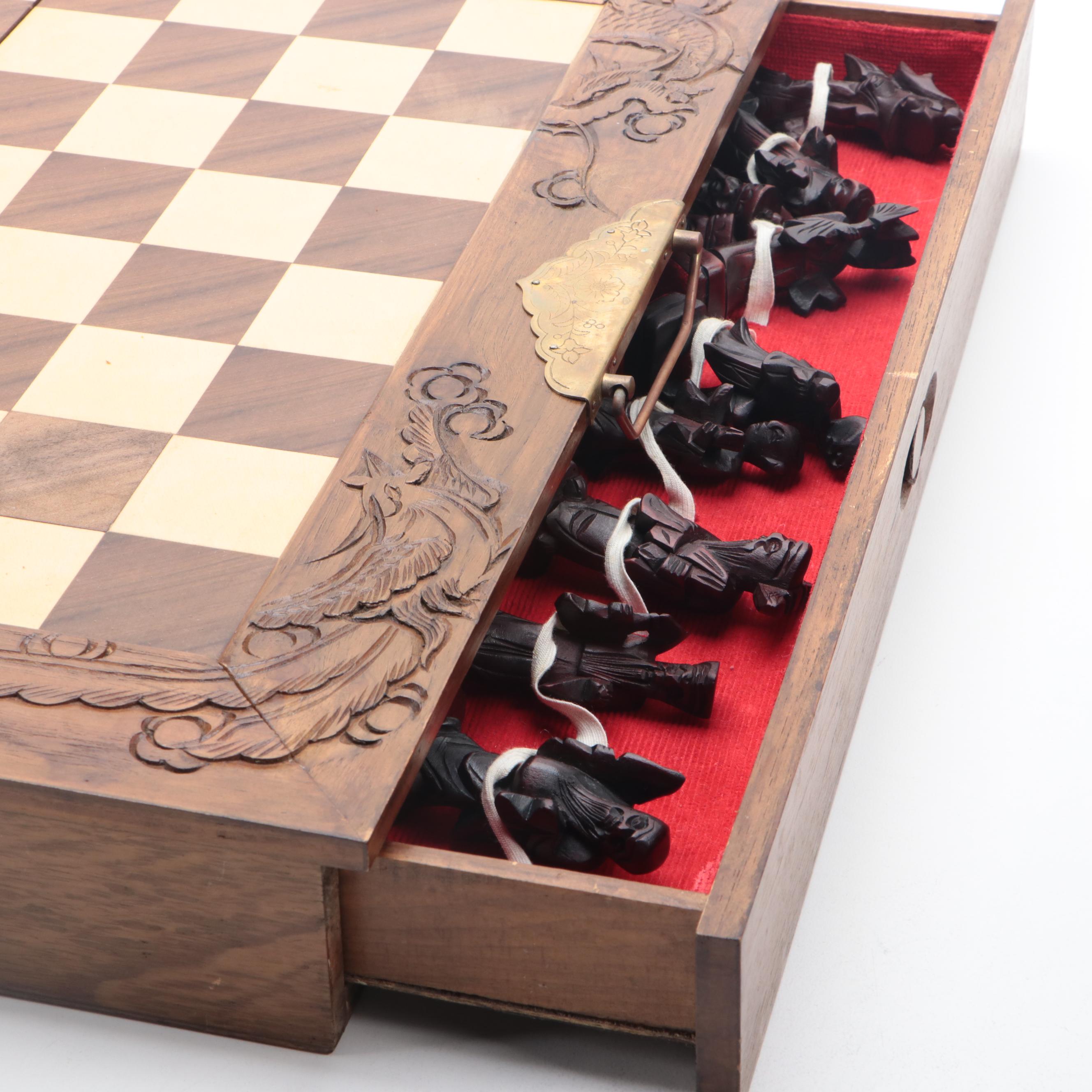Hand-Carved Wooden Chess Board Converting Case With Pieces