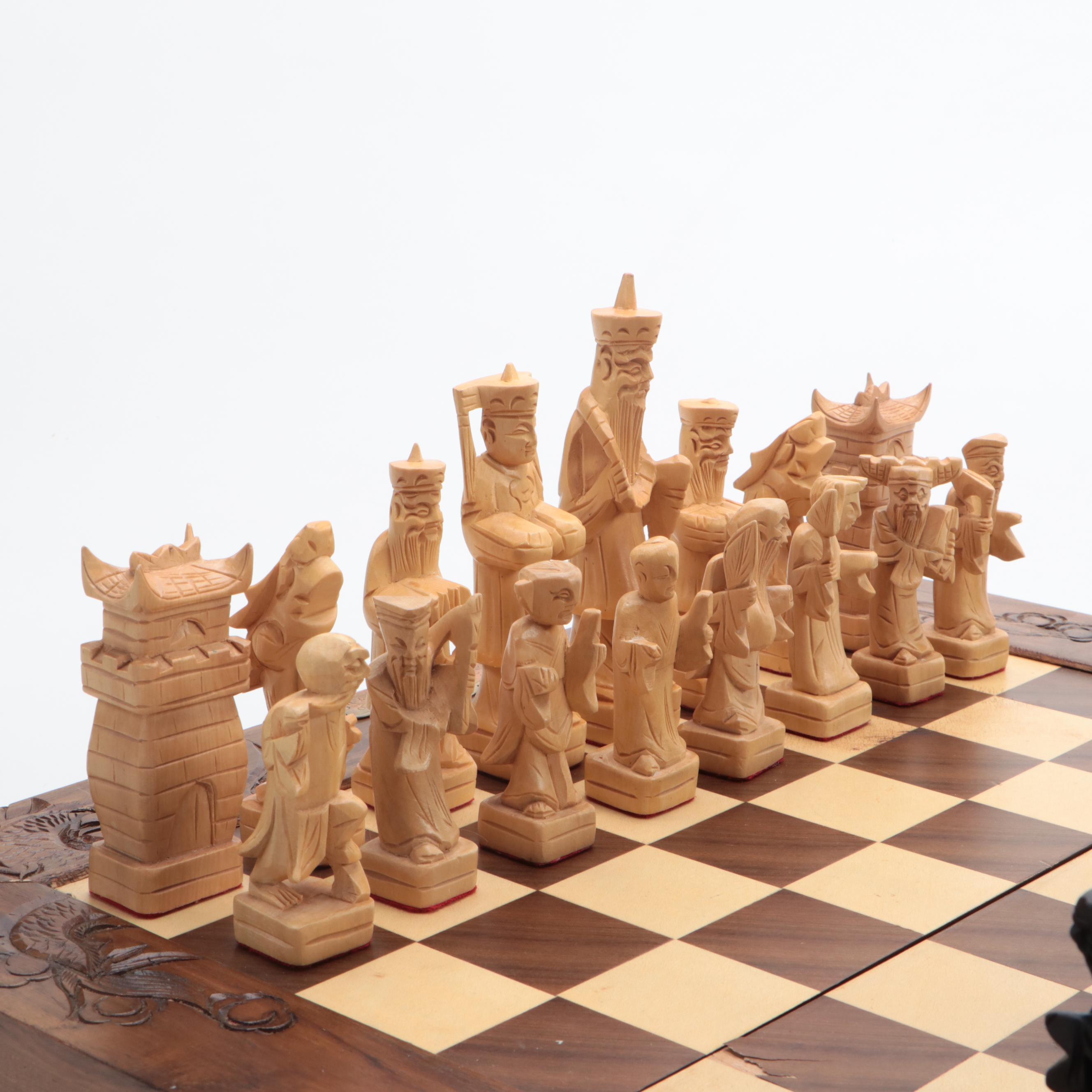 Hand-Carved Wooden Chess Board Converting Case With Pieces