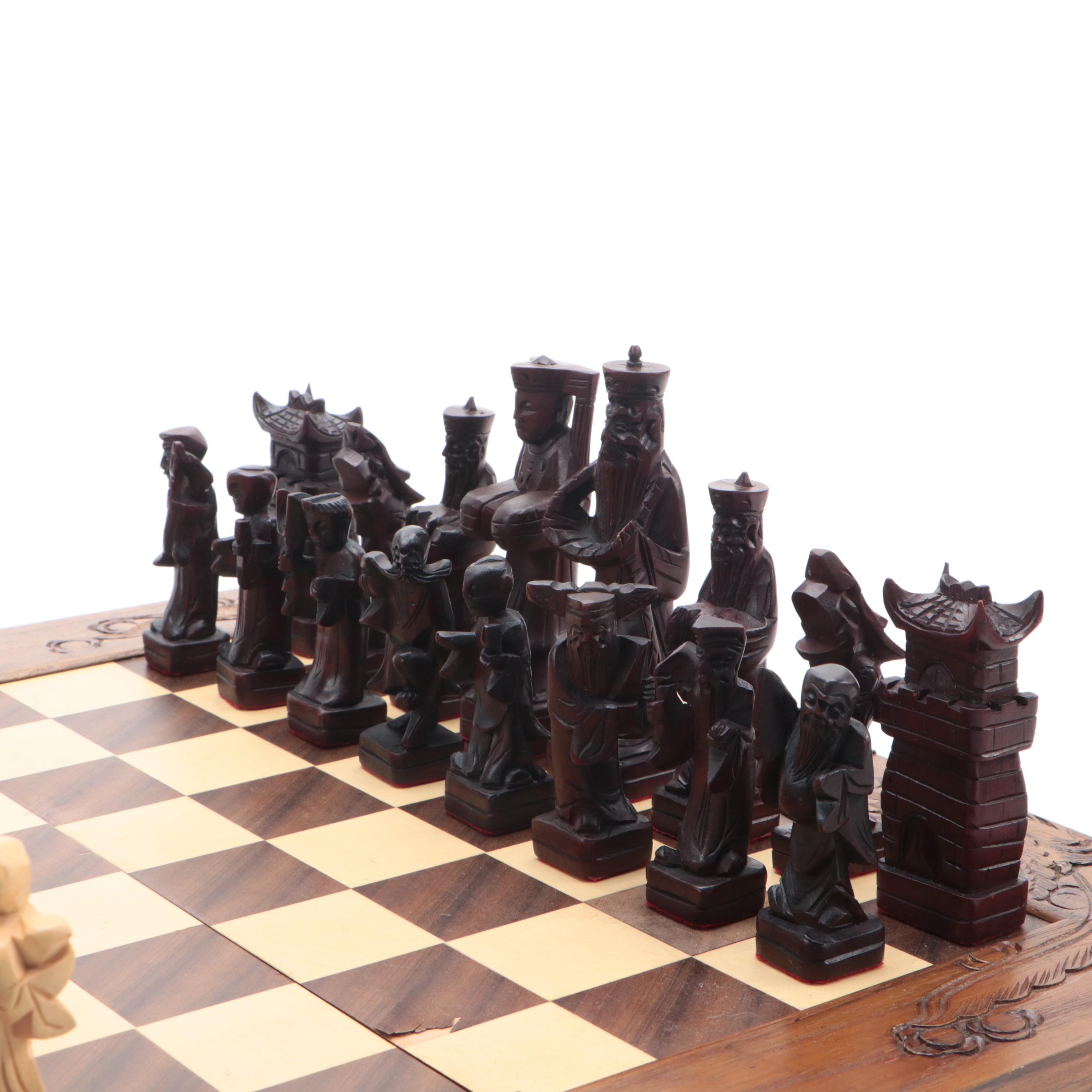 Hand-Carved Wooden Chess Board Converting Case With Pieces