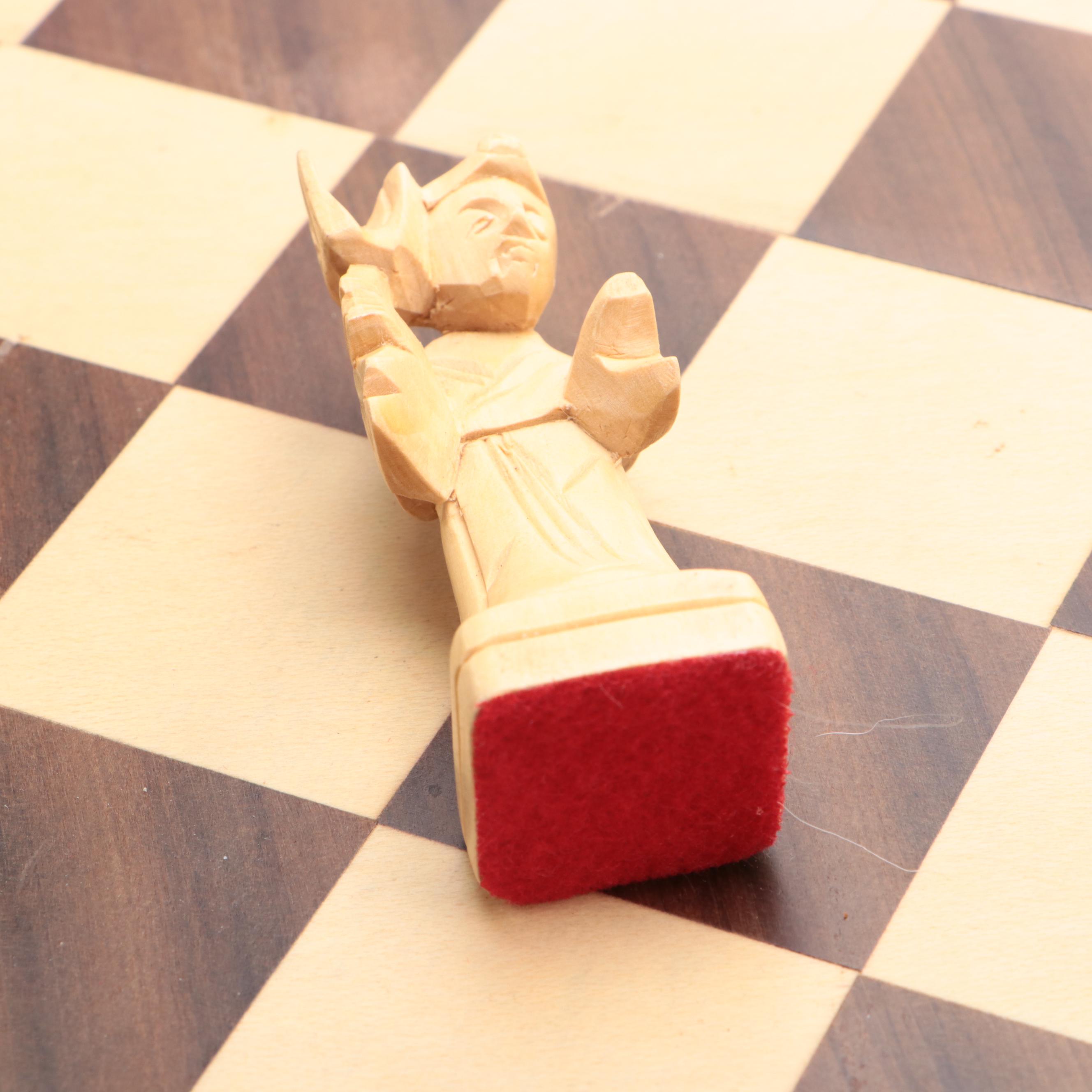 Hand-Carved Wooden Chess Board Converting Case With Pieces