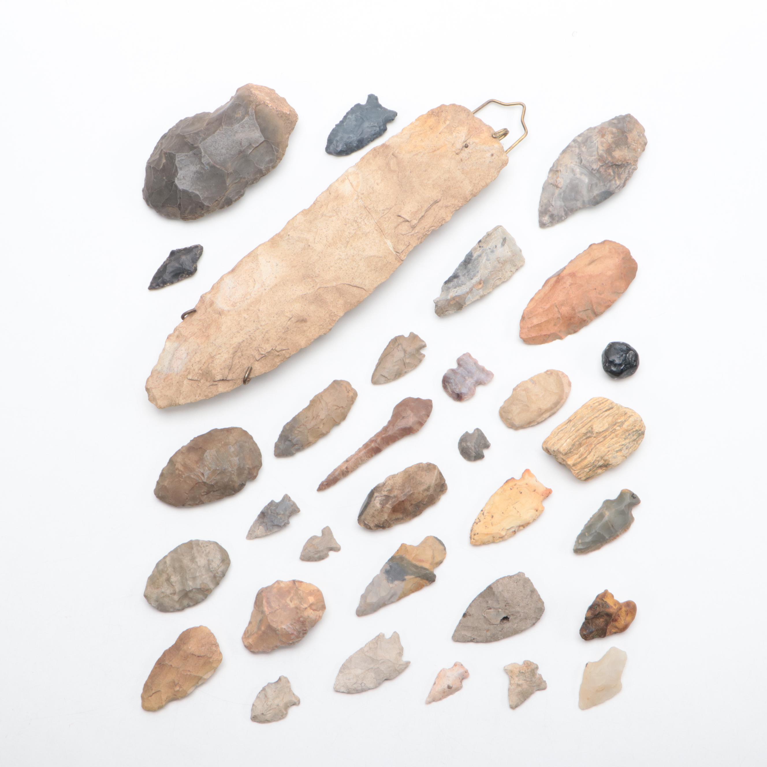 Archaic Stone Projectile Point & Brass Hanger, Petrified Wood, More Projectiles