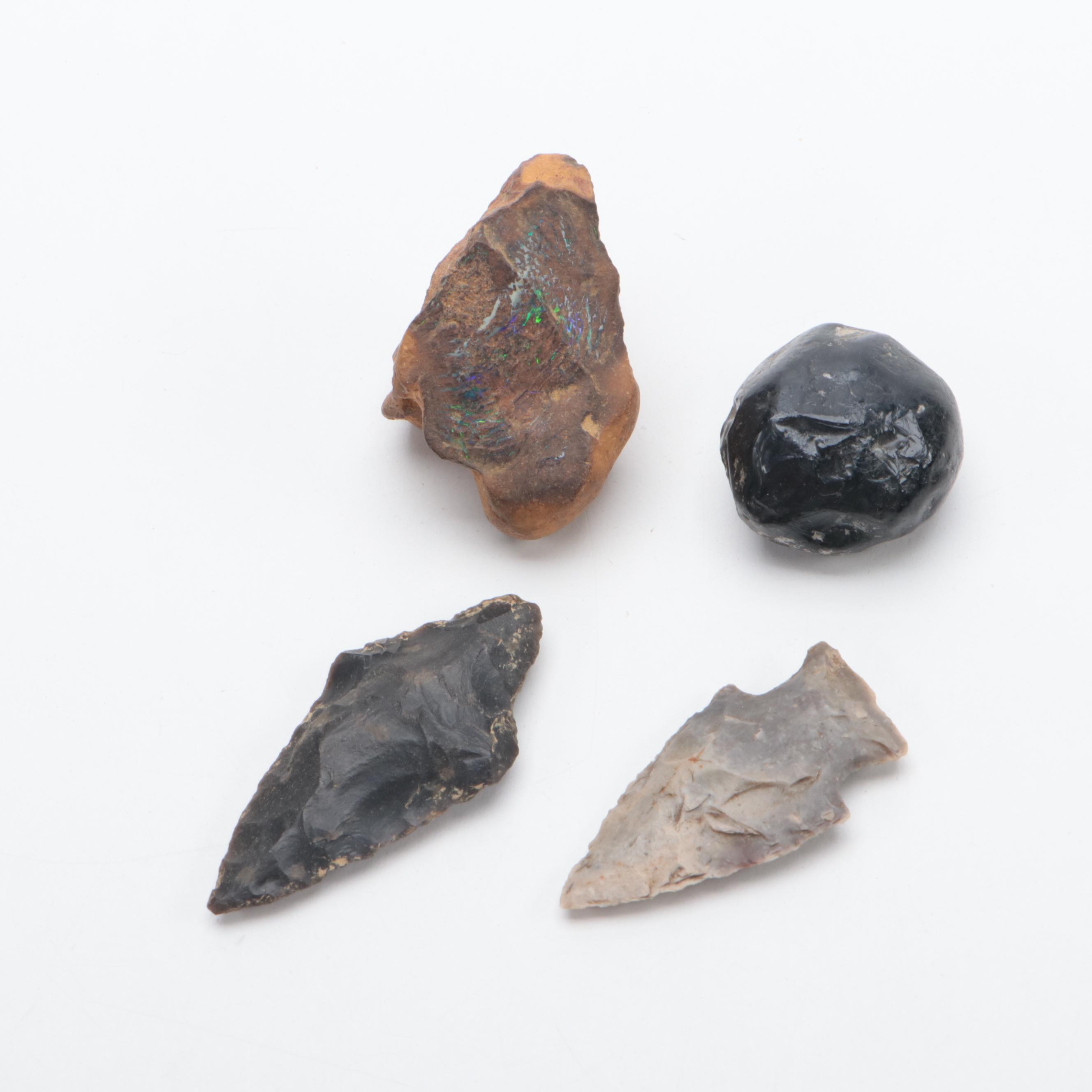 Archaic Stone Projectile Point & Brass Hanger, Petrified Wood, More Projectiles