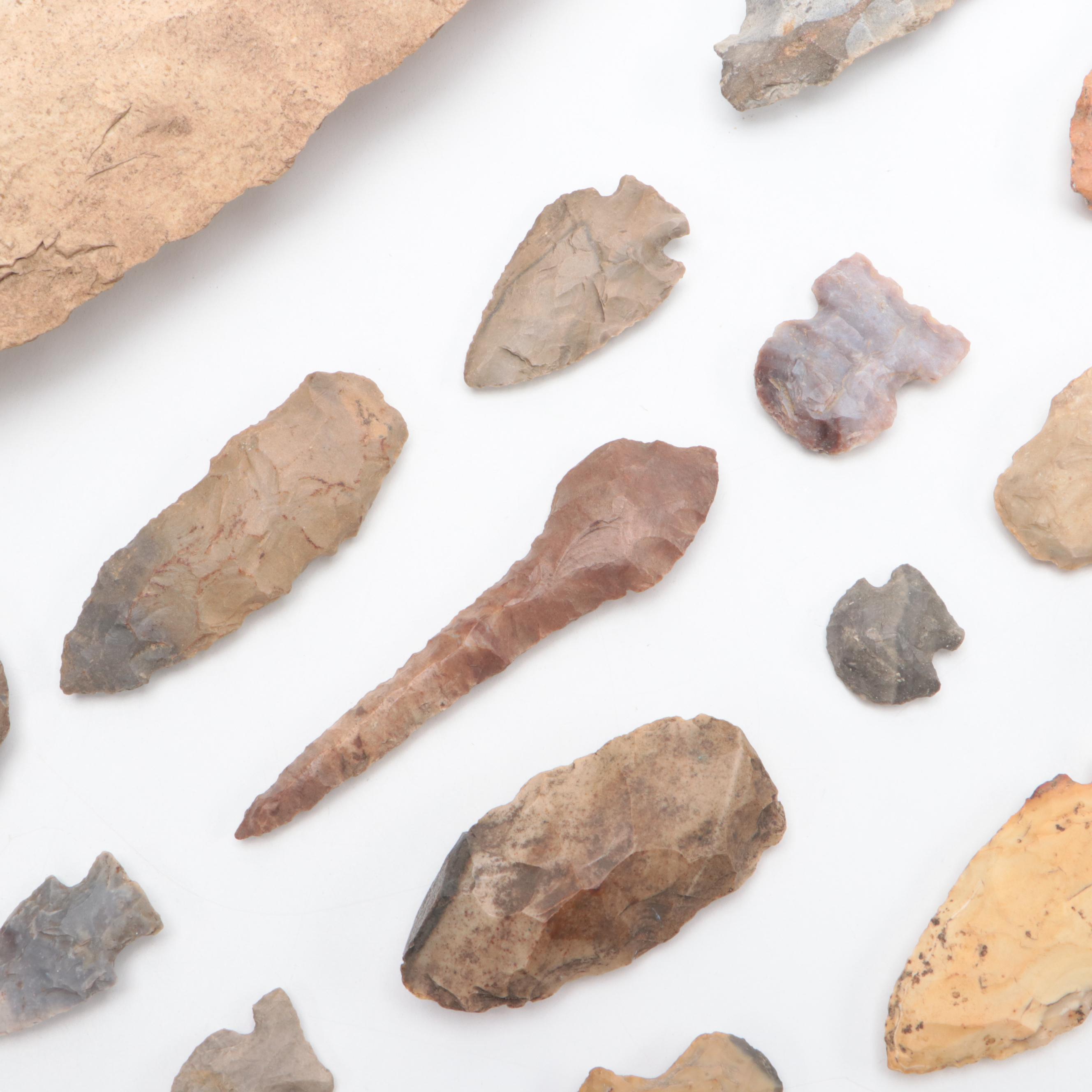 Archaic Stone Projectile Point & Brass Hanger, Petrified Wood, More Projectiles