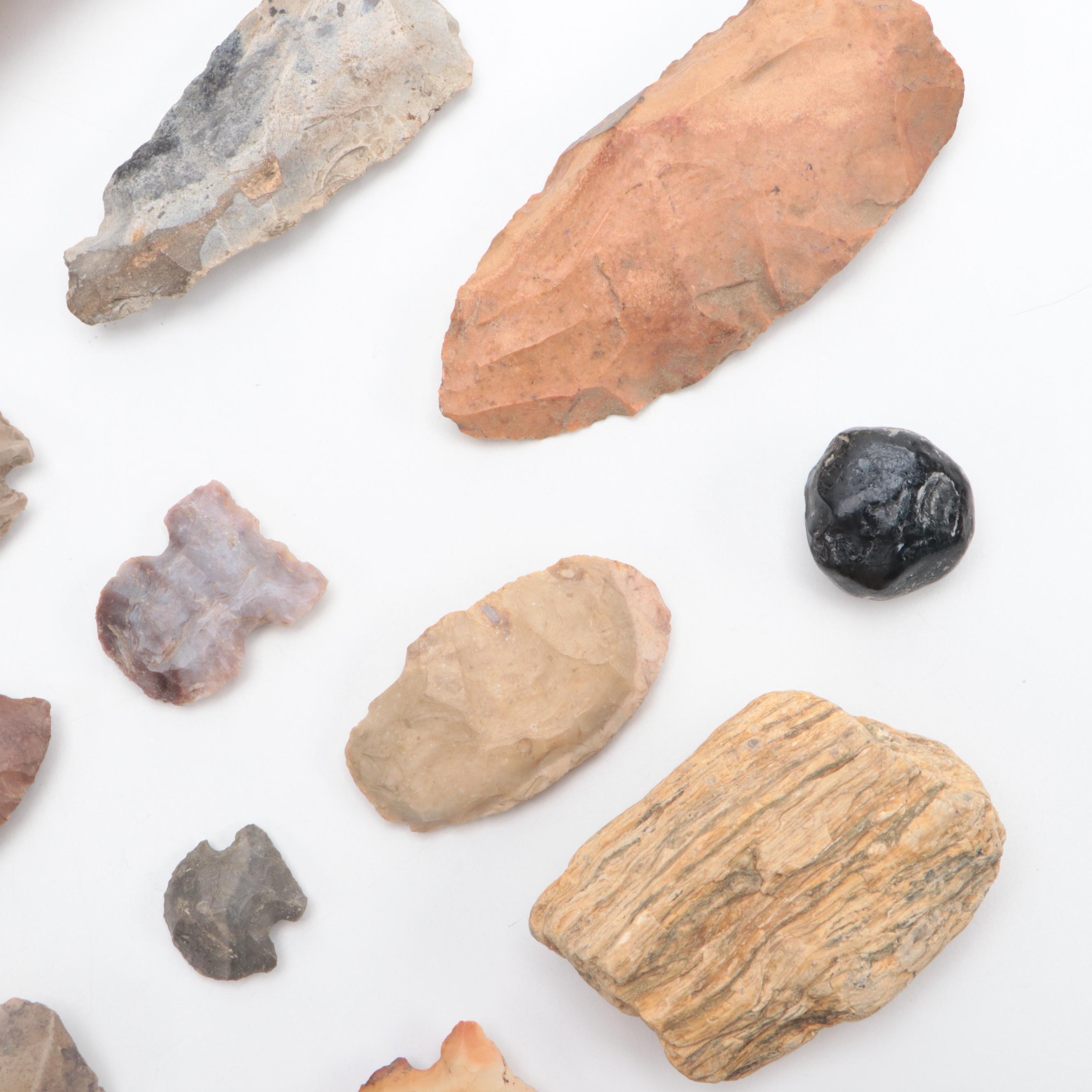 Archaic Stone Projectile Point & Brass Hanger, Petrified Wood, More Projectiles