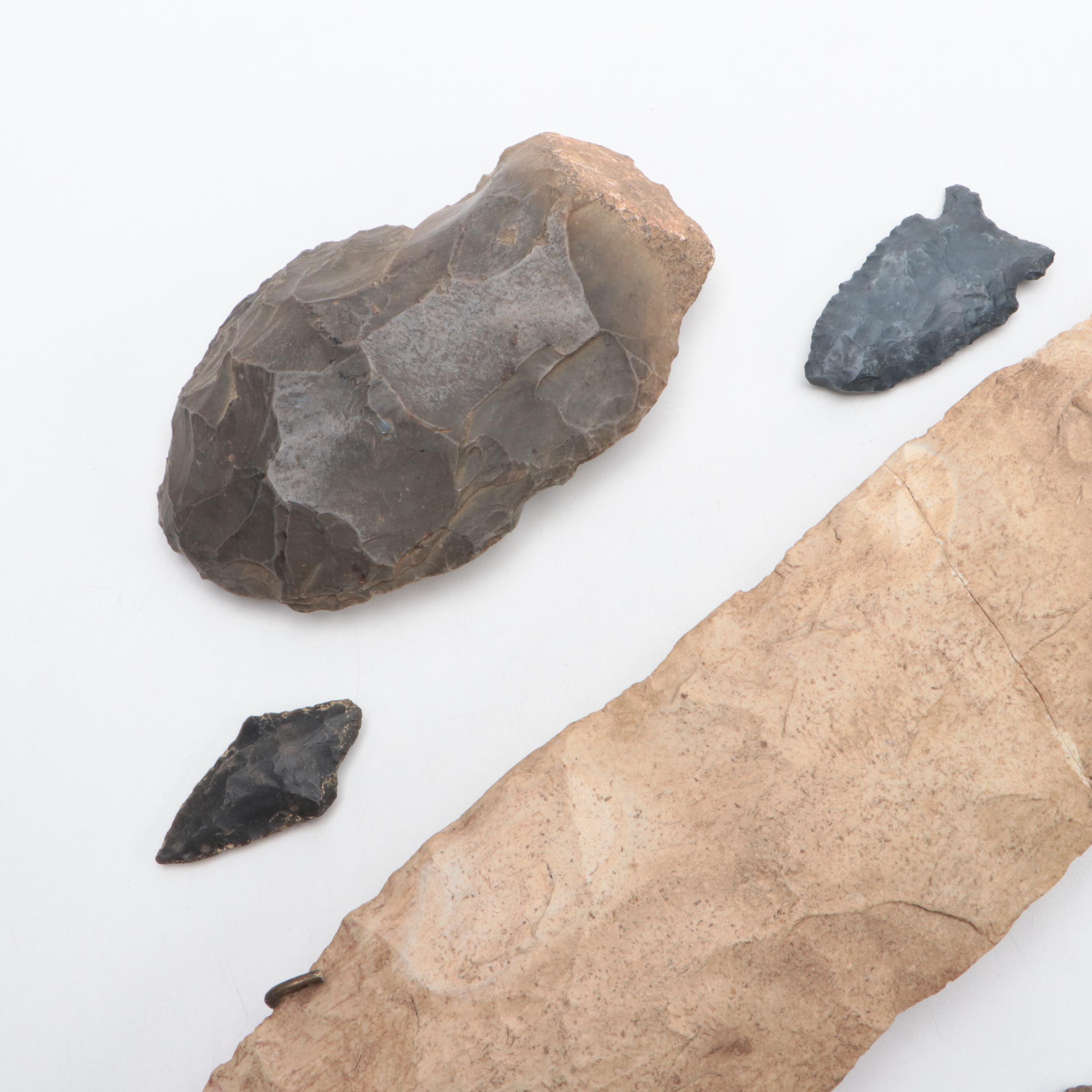 Archaic Stone Projectile Point & Brass Hanger, Petrified Wood, More Projectiles