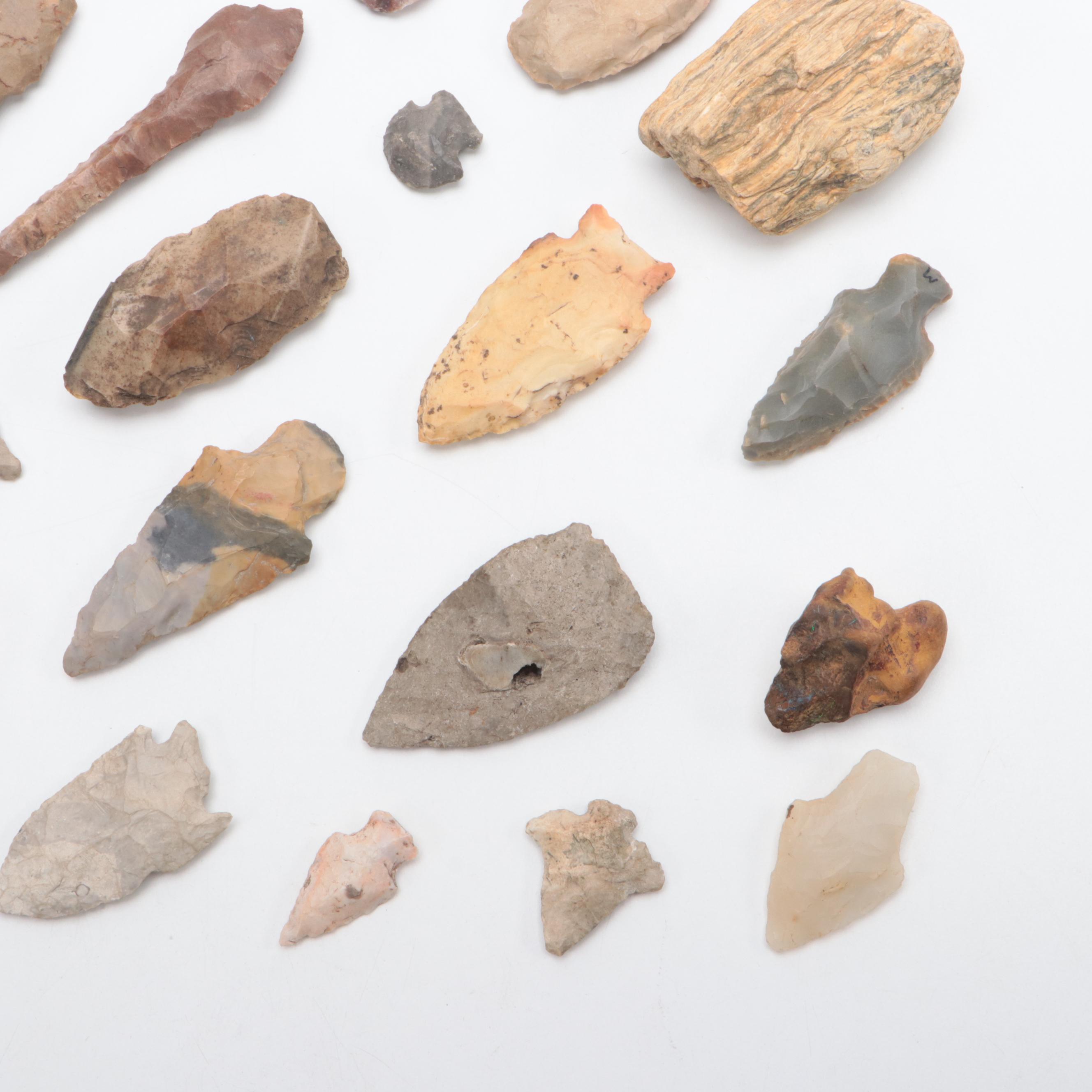 Archaic Stone Projectile Point & Brass Hanger, Petrified Wood, More Projectiles