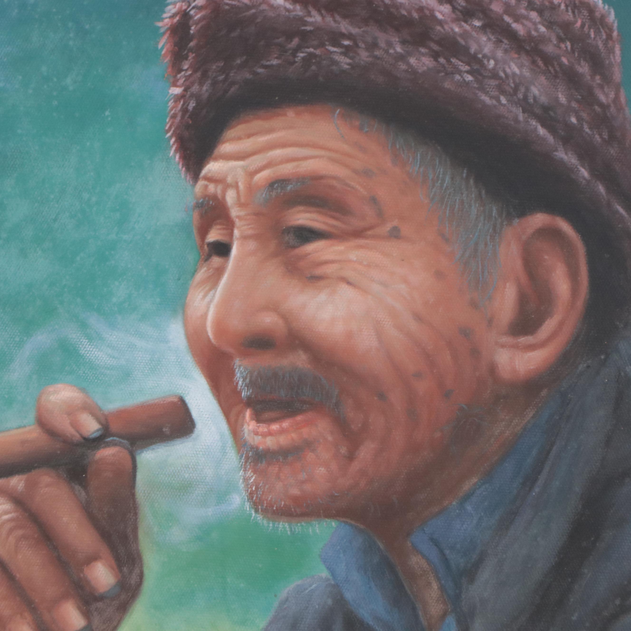 Chinese Acrylic Painting of a Man Smoking a Pipe