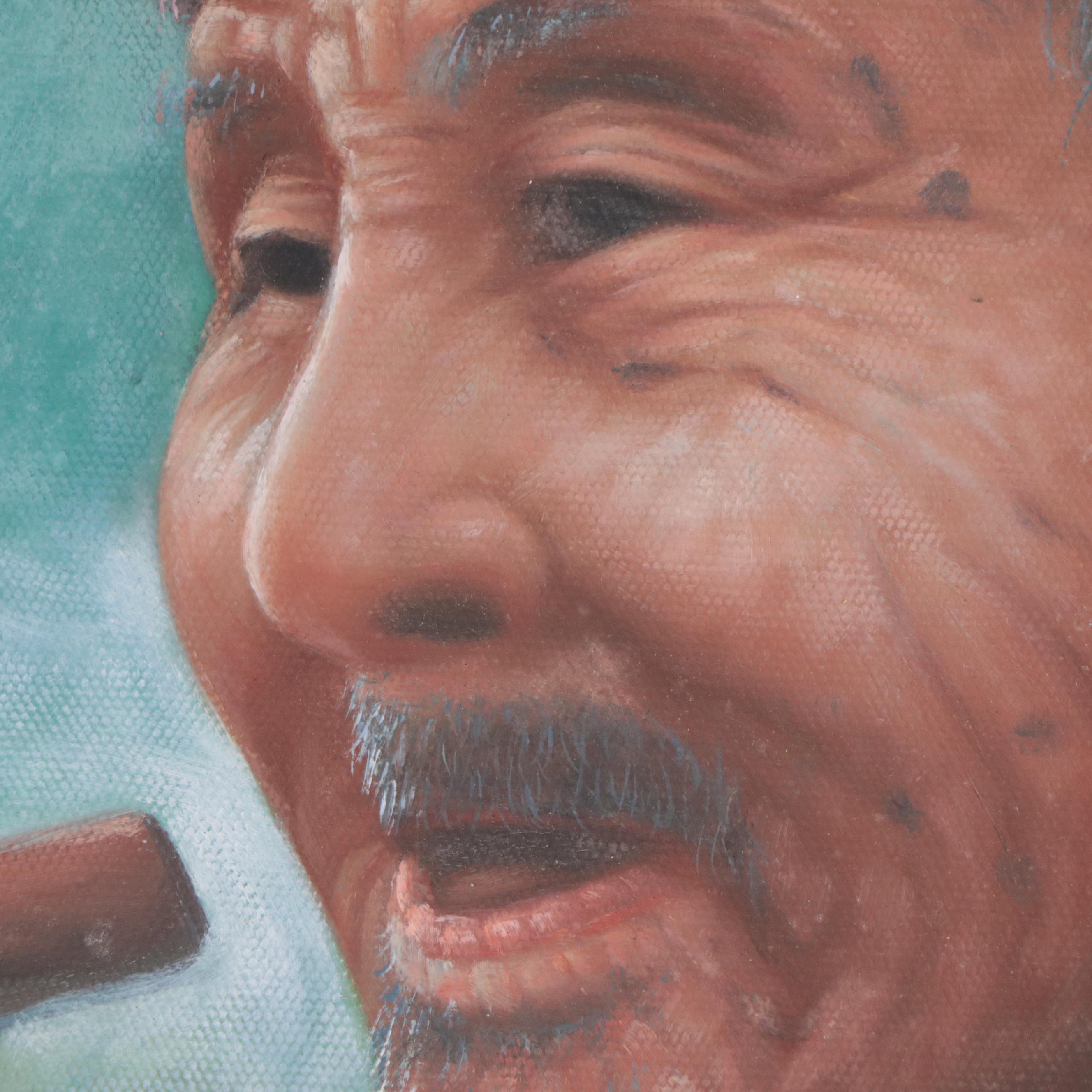 Chinese Acrylic Painting of a Man Smoking a Pipe