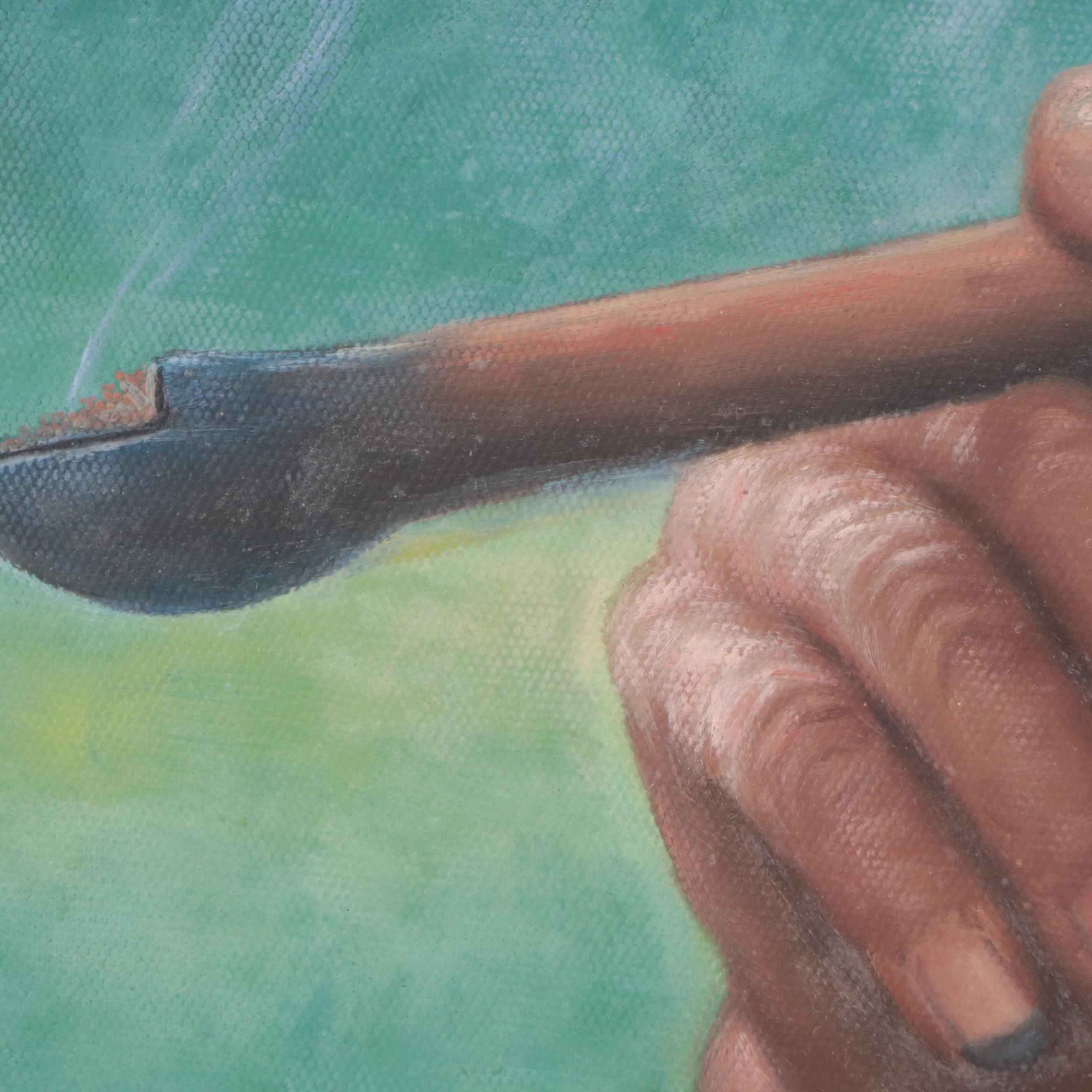 Chinese Acrylic Painting of a Man Smoking a Pipe