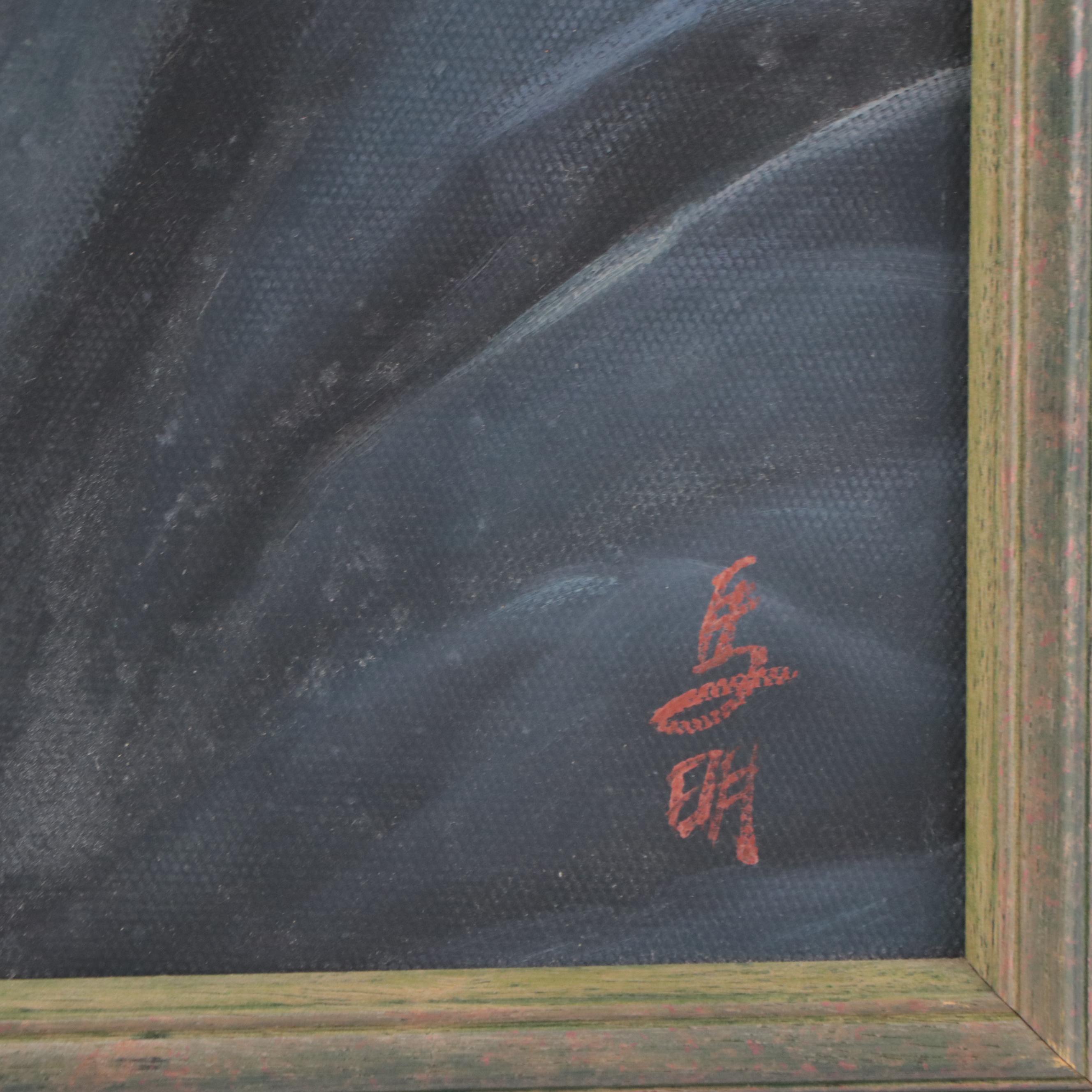 Chinese Acrylic Painting of a Man Smoking a Pipe