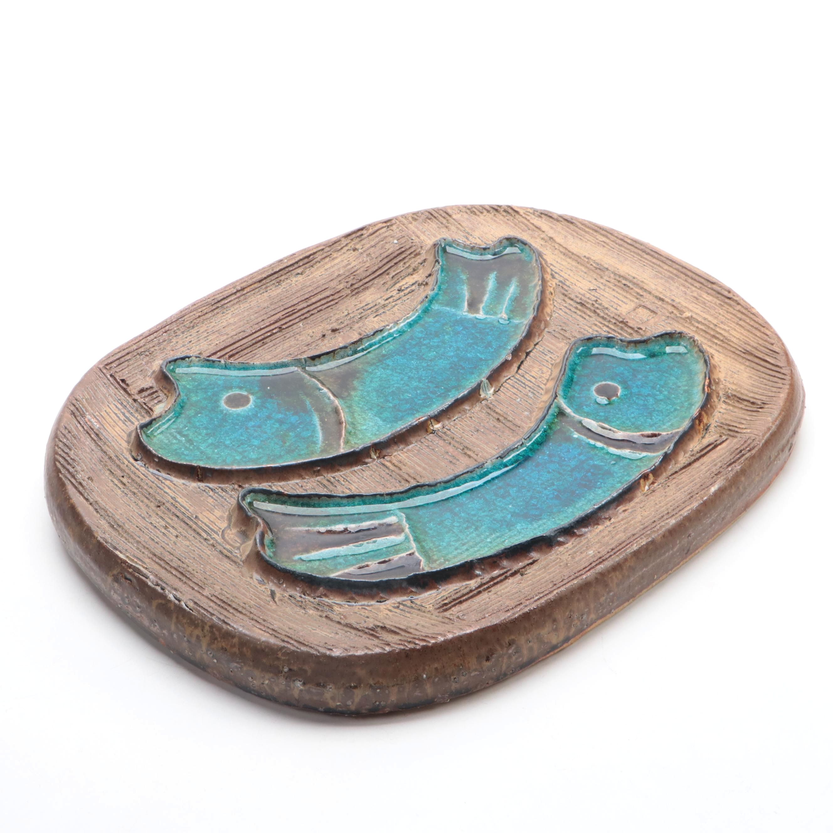 Japanese Stoneware and Glass Abstract Fish Wall Plaque