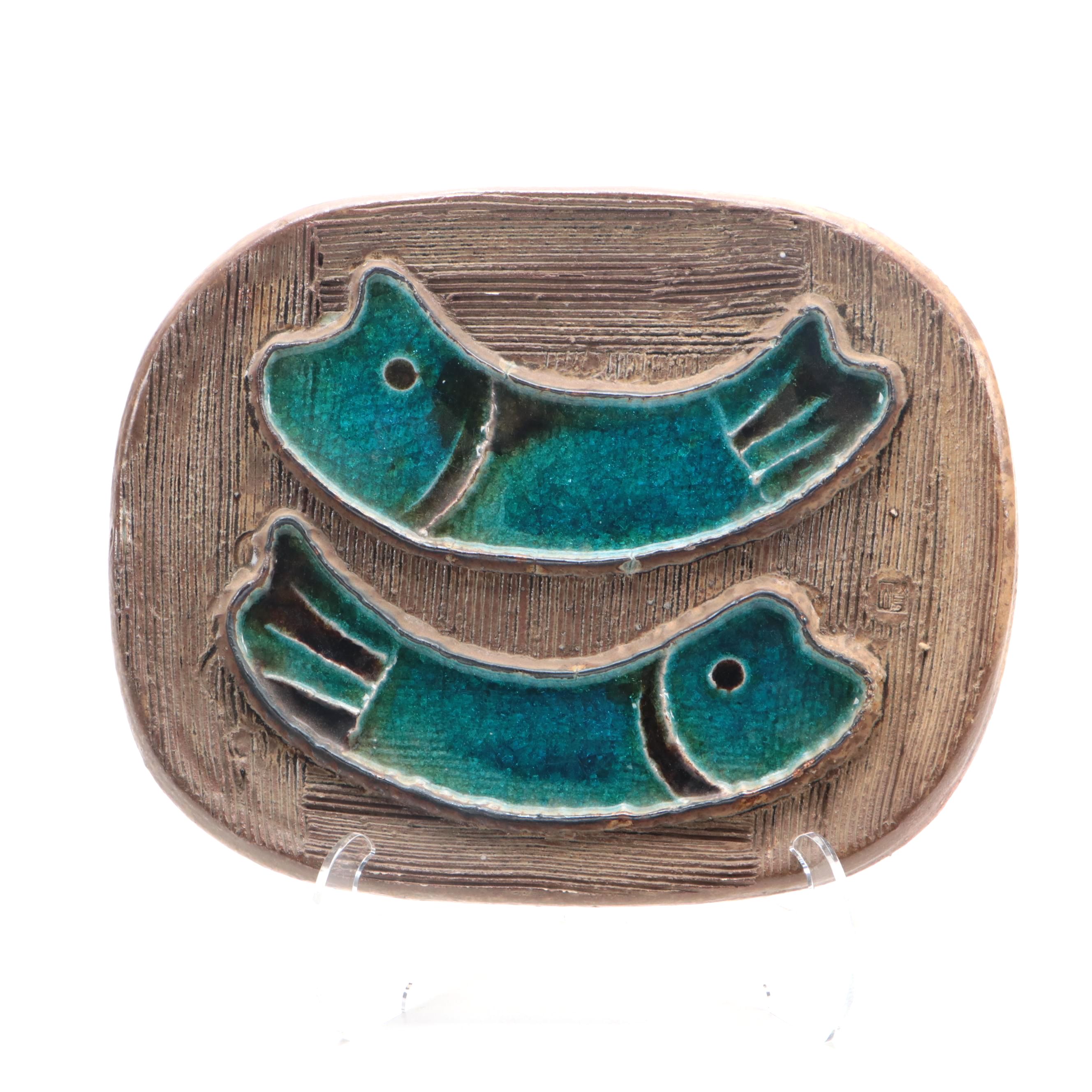 Japanese Stoneware and Glass Abstract Fish Wall Plaque
