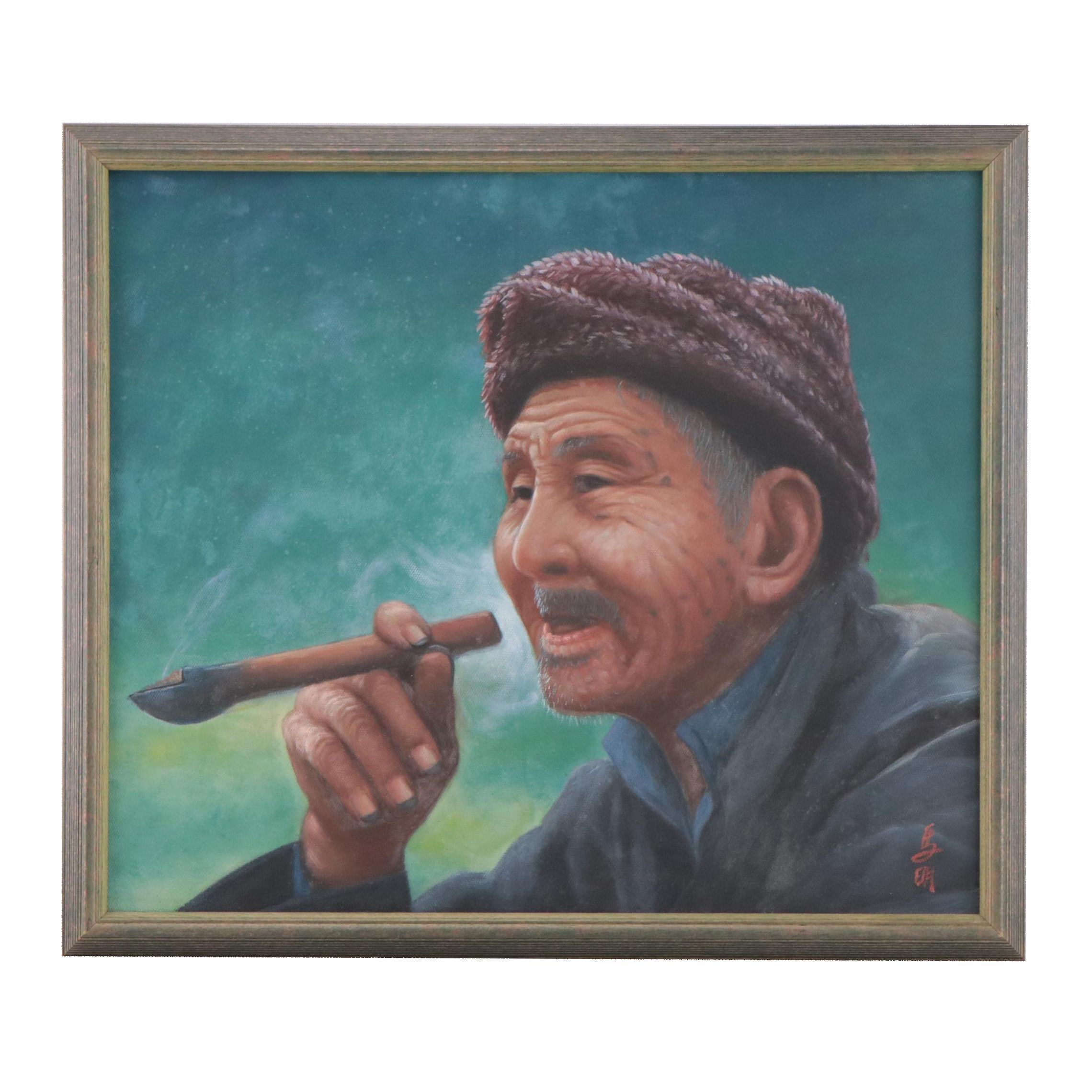 Chinese Acrylic Painting of a Man Smoking a Pipe