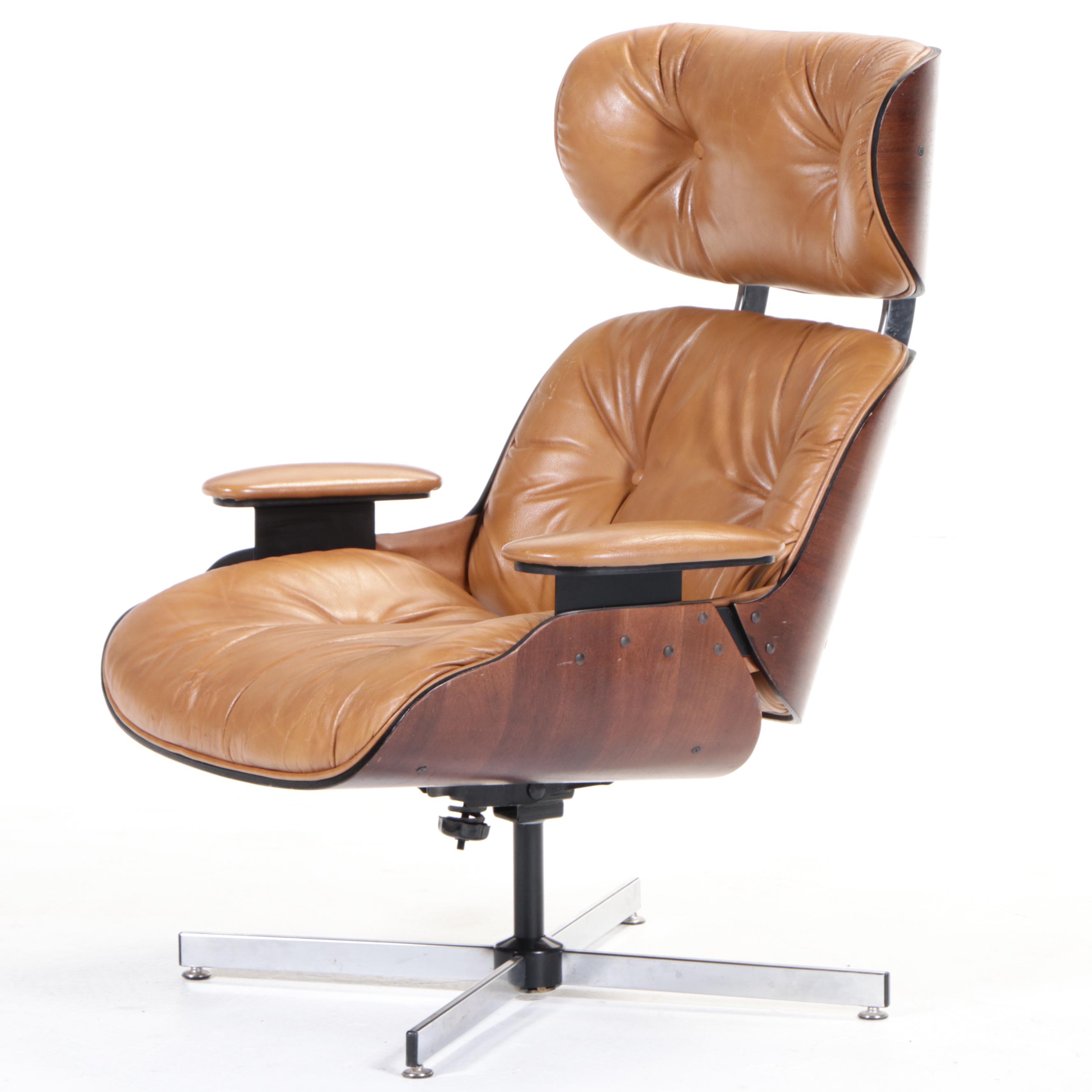 Eames Style Laminated Walnut and Faux-Leather Lounge Chair with Ottoman