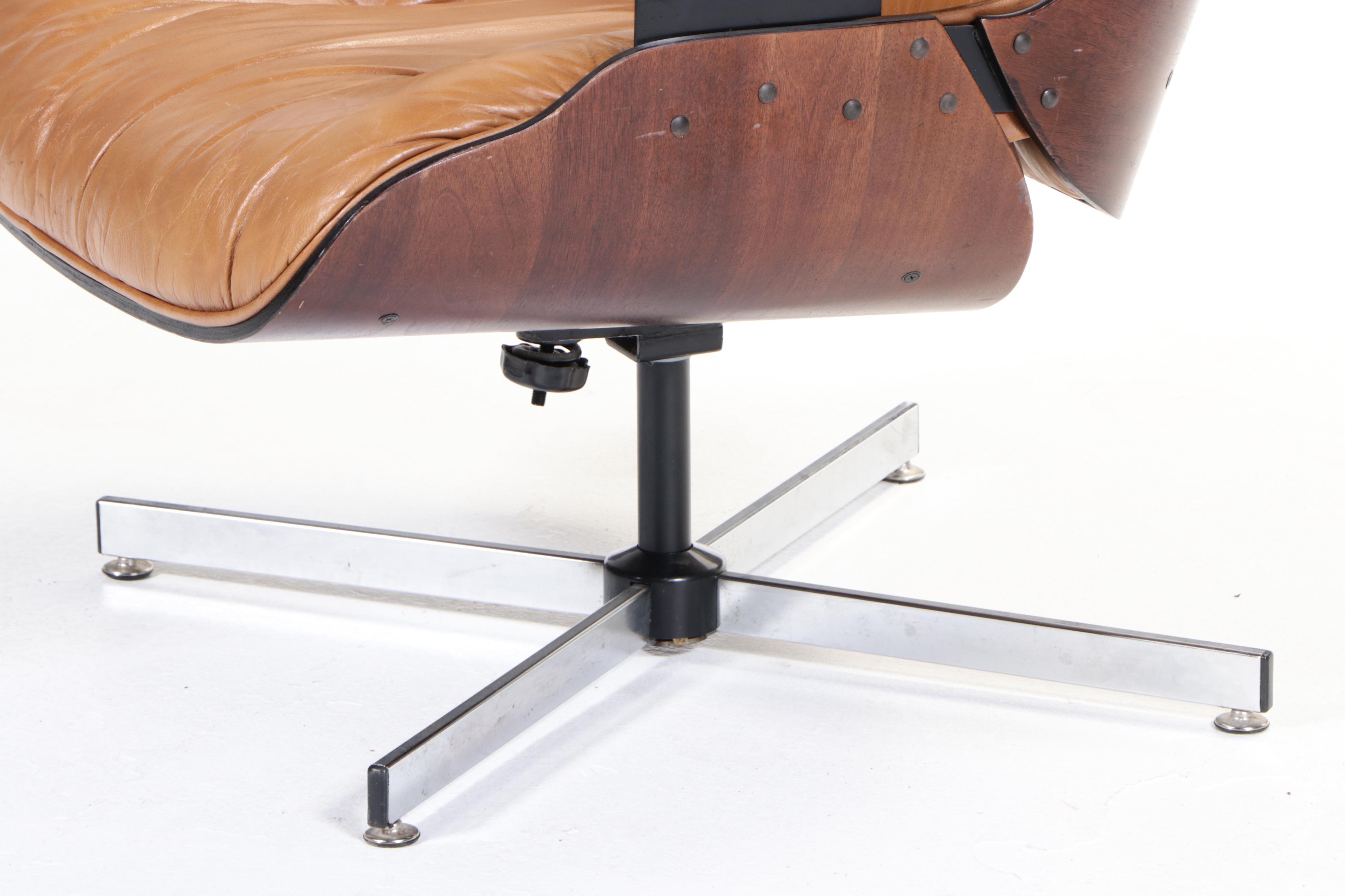 Eames Style Laminated Walnut and Faux-Leather Lounge Chair with Ottoman