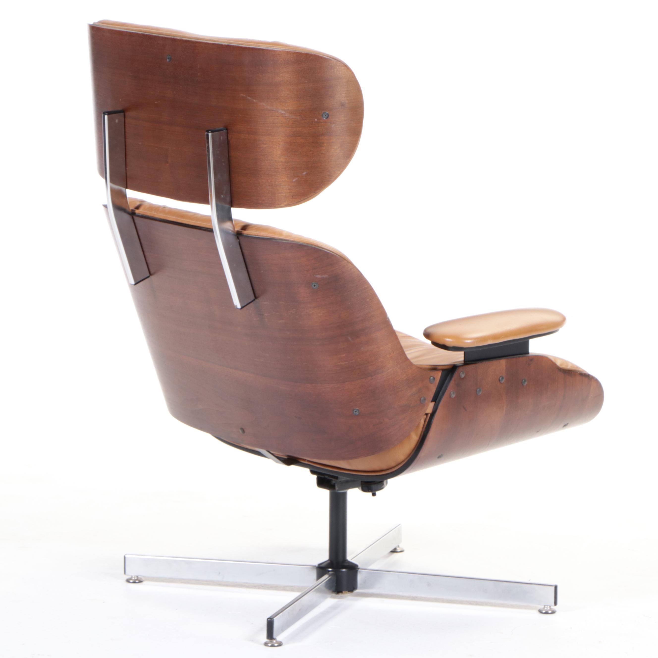 Eames Style Laminated Walnut and Faux-Leather Lounge Chair with Ottoman