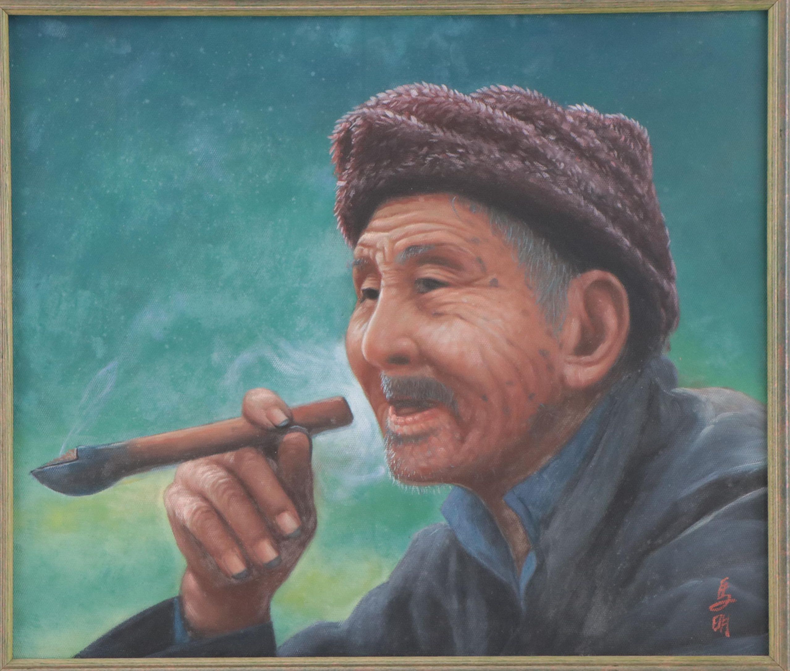 Chinese Acrylic Painting of a Man Smoking a Pipe