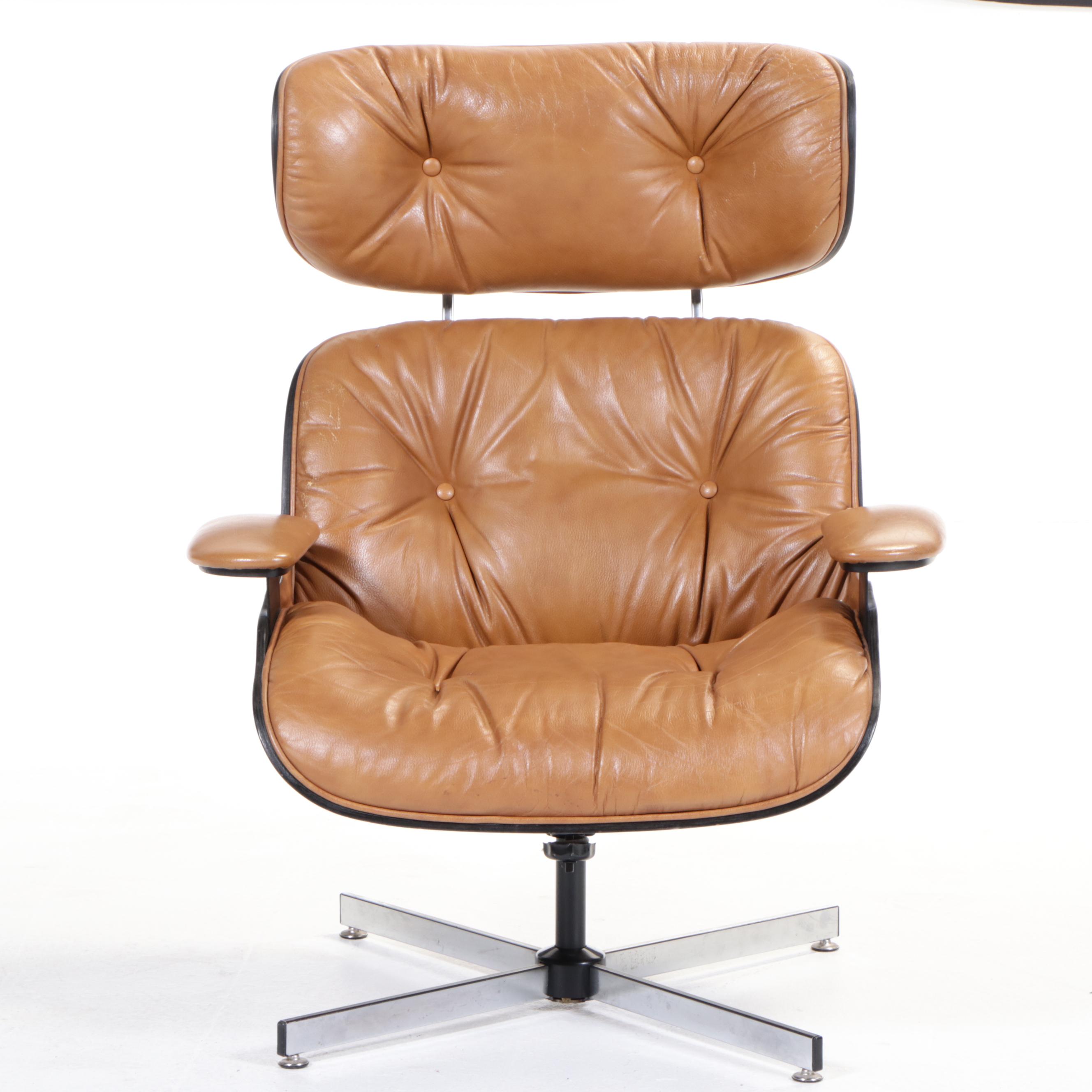 Eames Style Laminated Walnut and Faux-Leather Lounge Chair with Ottoman