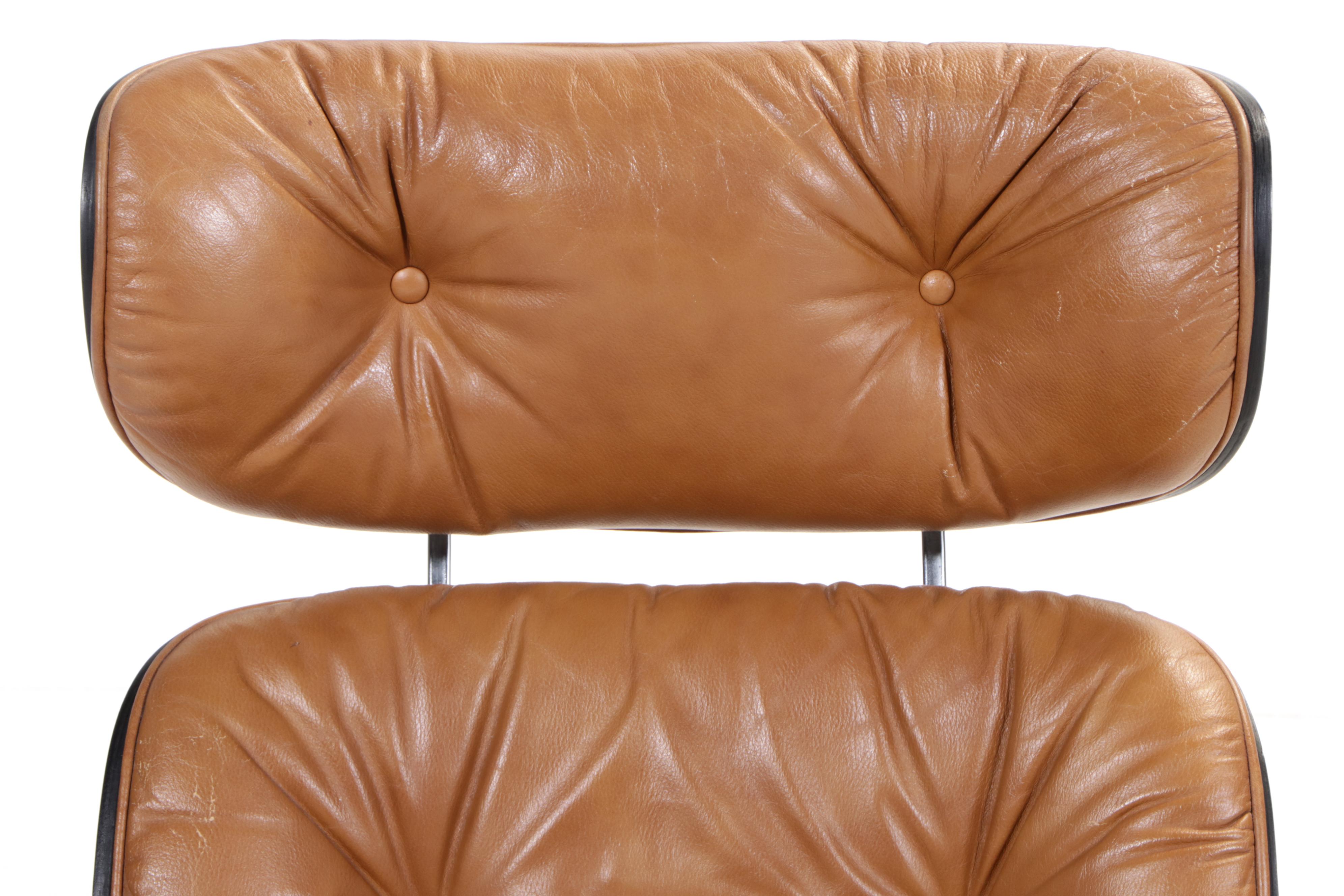 Eames Style Laminated Walnut and Faux-Leather Lounge Chair with Ottoman