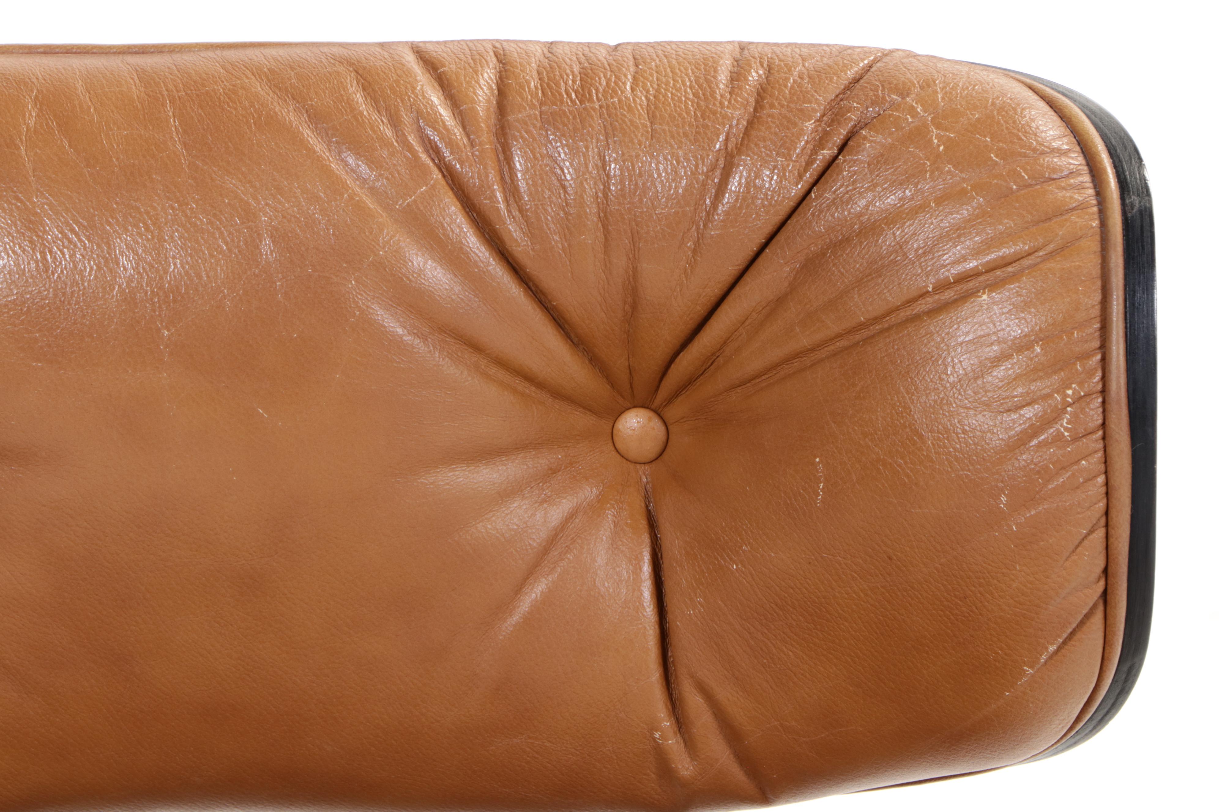 Eames Style Laminated Walnut and Faux-Leather Lounge Chair with Ottoman