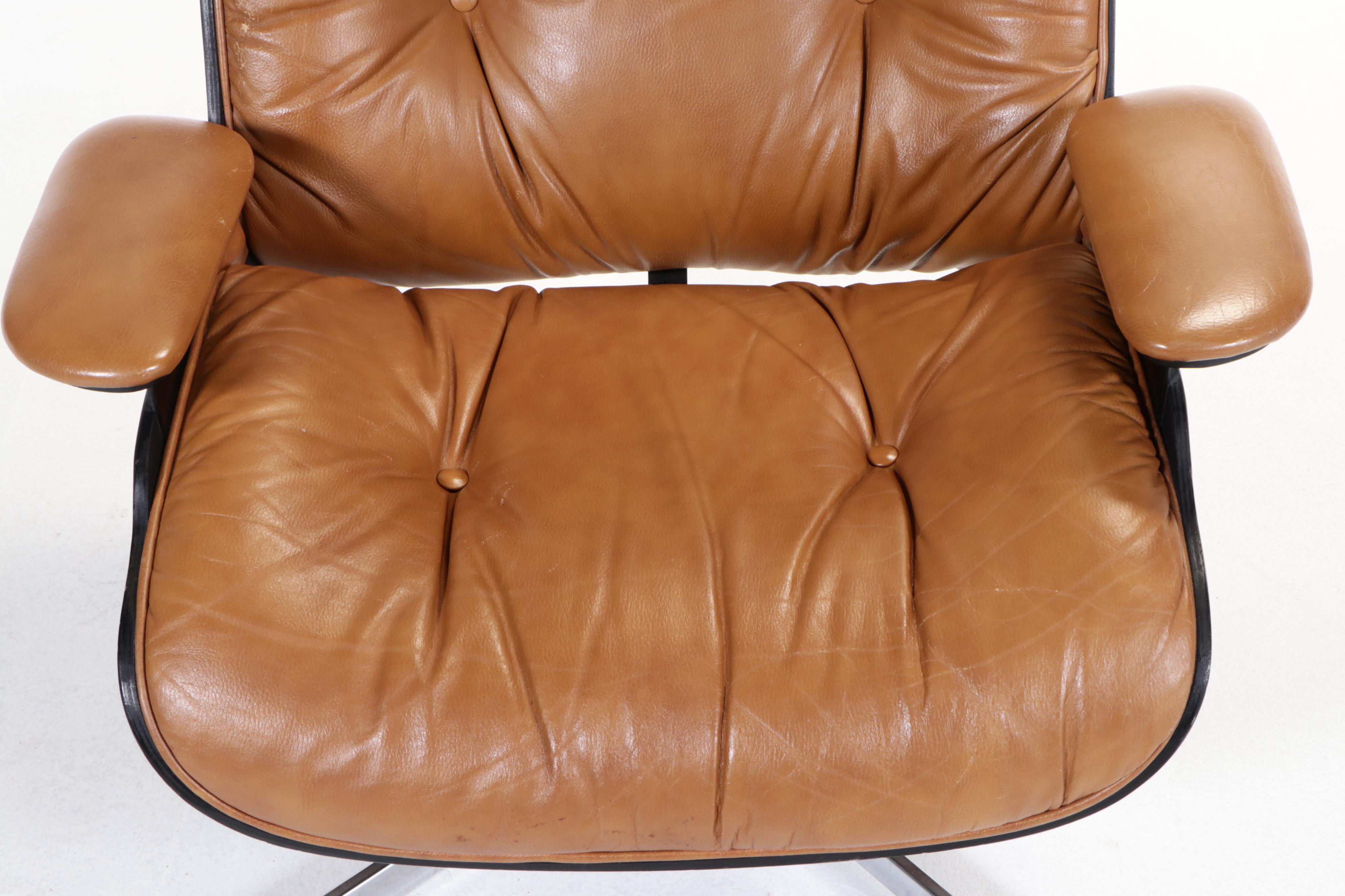 Eames Style Laminated Walnut and Faux-Leather Lounge Chair with Ottoman