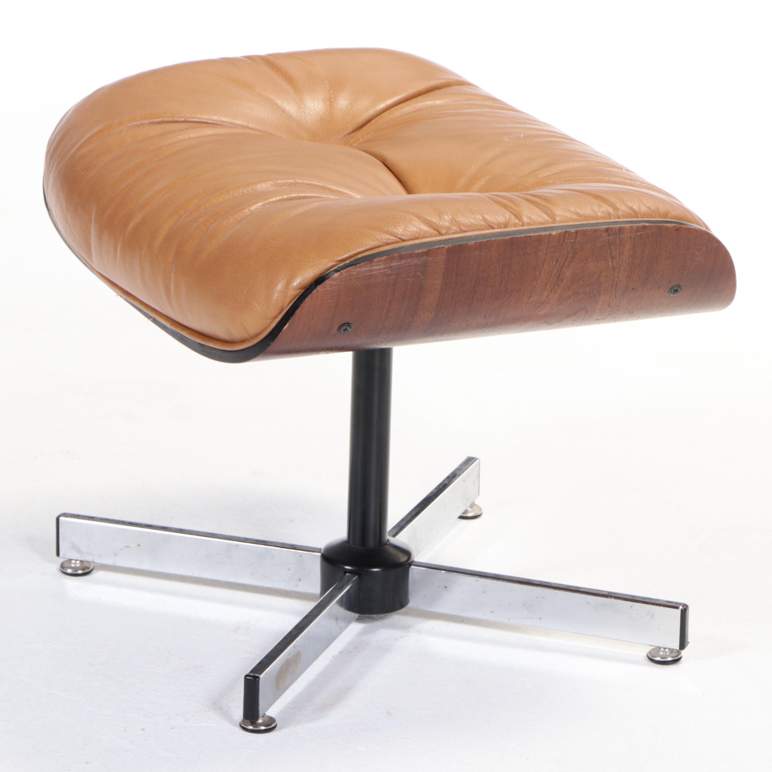 Eames Style Laminated Walnut and Faux-Leather Lounge Chair with Ottoman