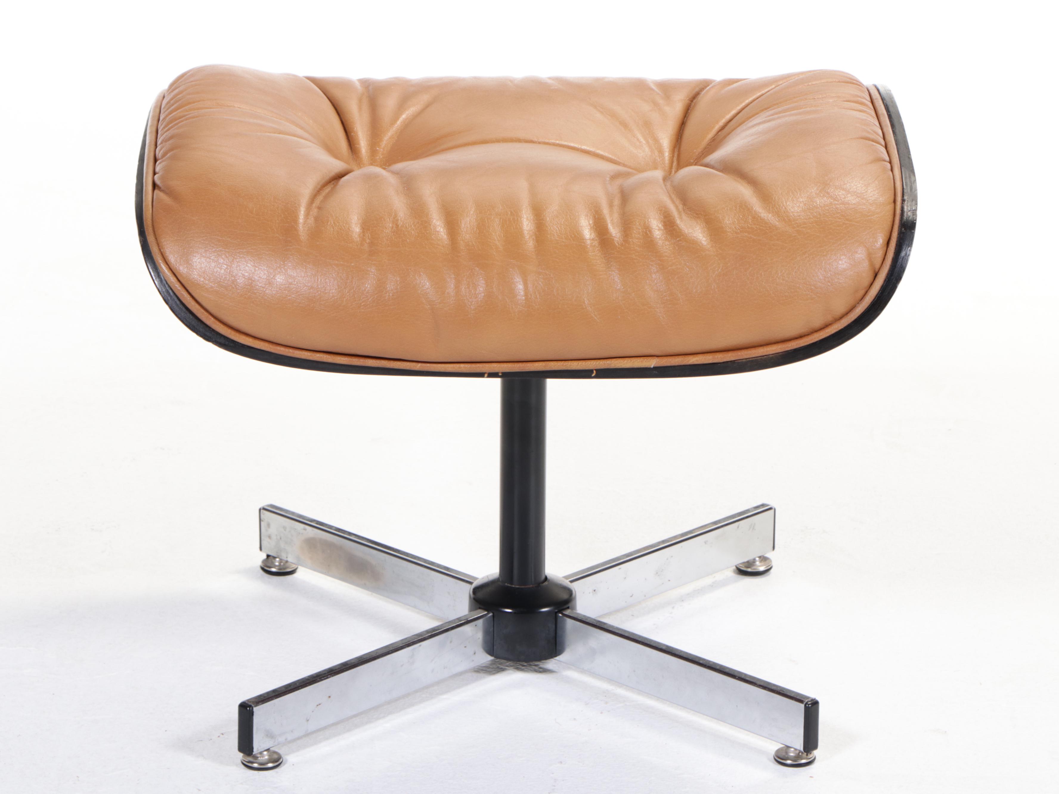 Eames Style Laminated Walnut and Faux-Leather Lounge Chair with Ottoman