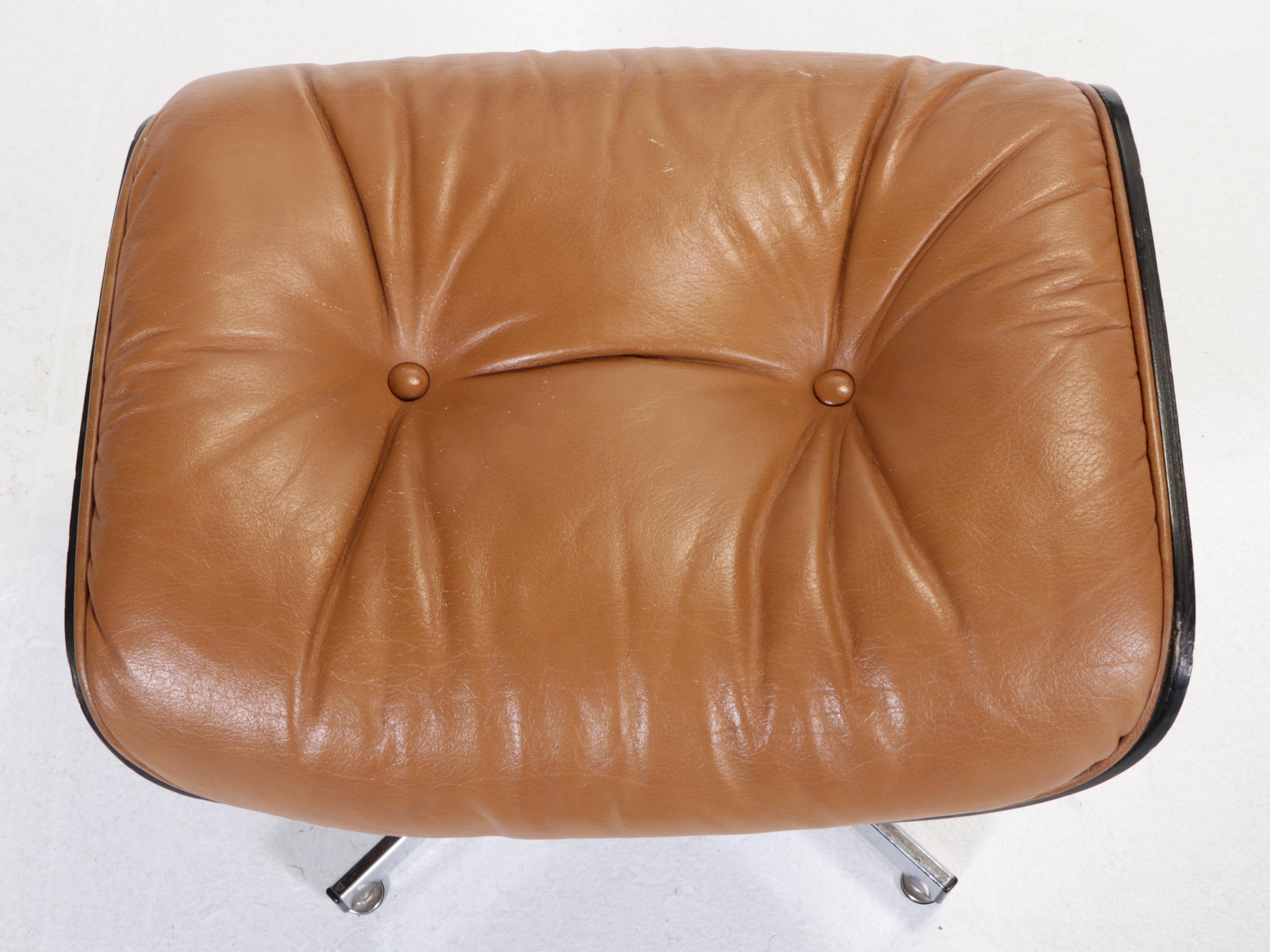 Eames Style Laminated Walnut and Faux-Leather Lounge Chair with Ottoman