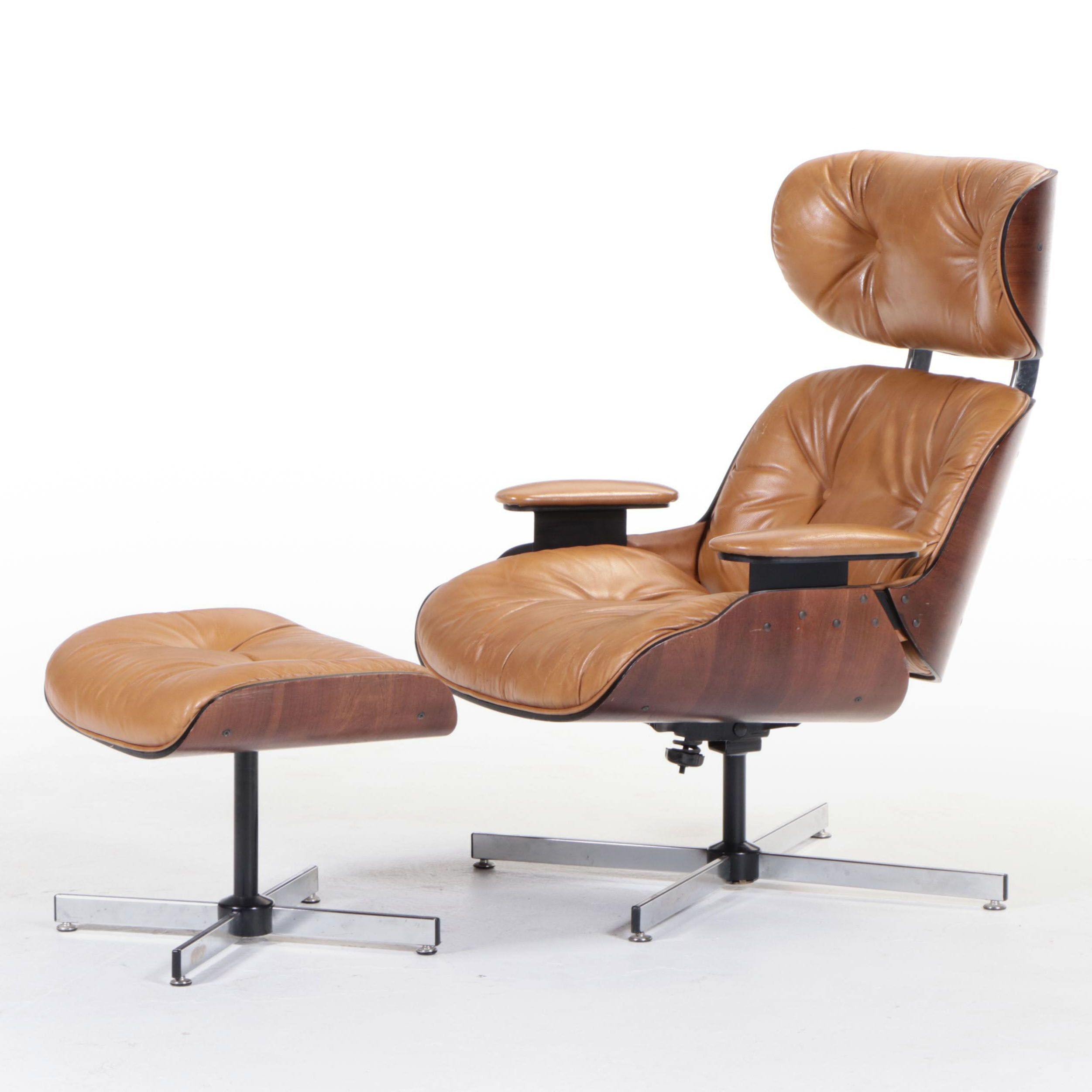 Eames Style Laminated Walnut and Faux-Leather Lounge Chair with Ottoman