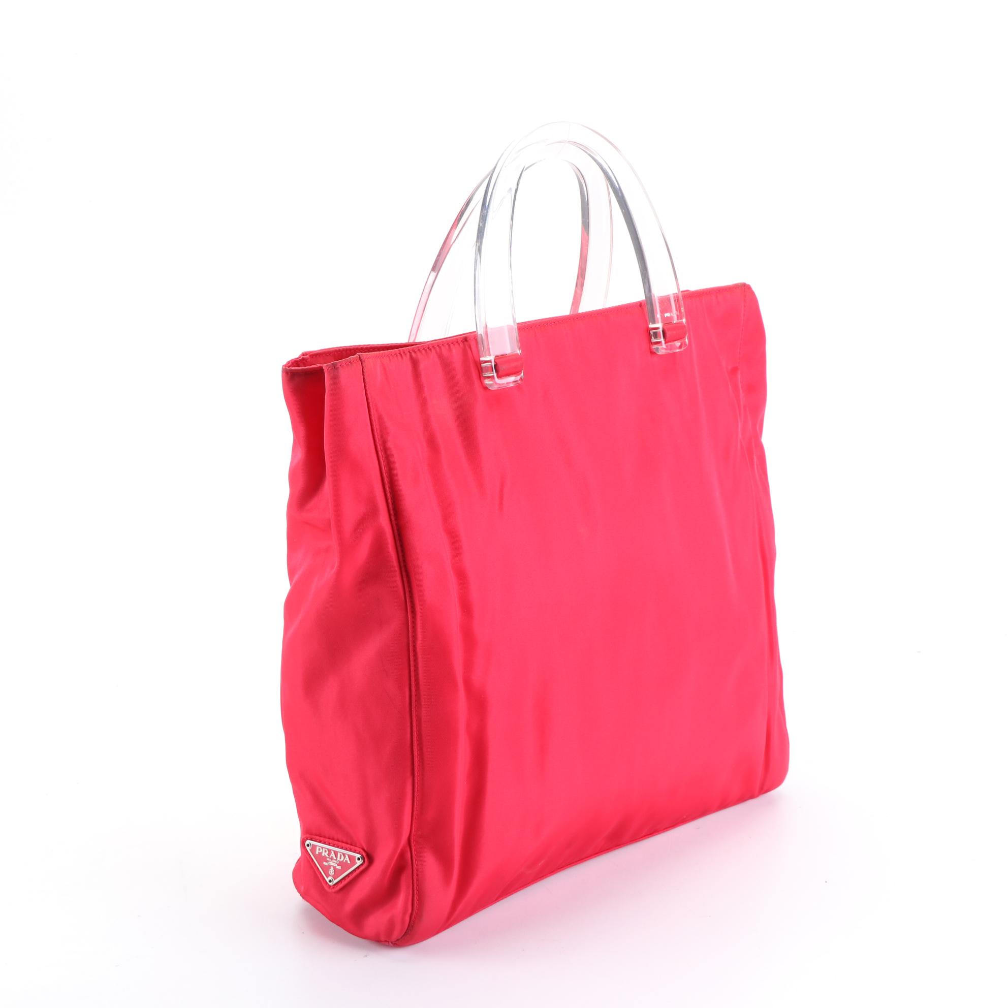 Prada Hand Bag in Vermiglio Tessuto Nylon with Clear Lucite Handles