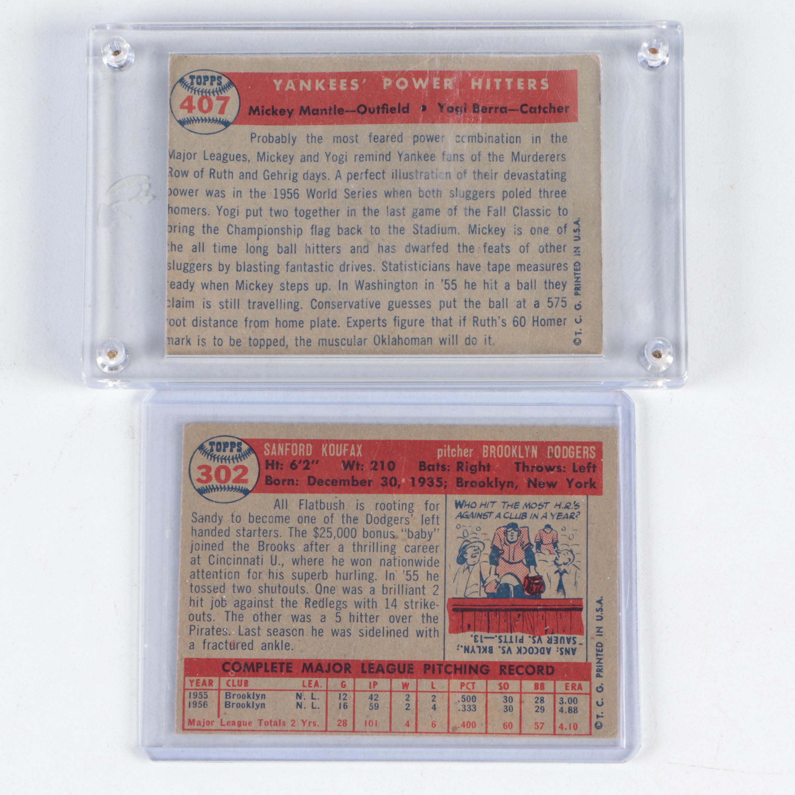 1957 Topps Baseball Cards with Mickey Mantle, Yogi Berra and Sandy Koufax