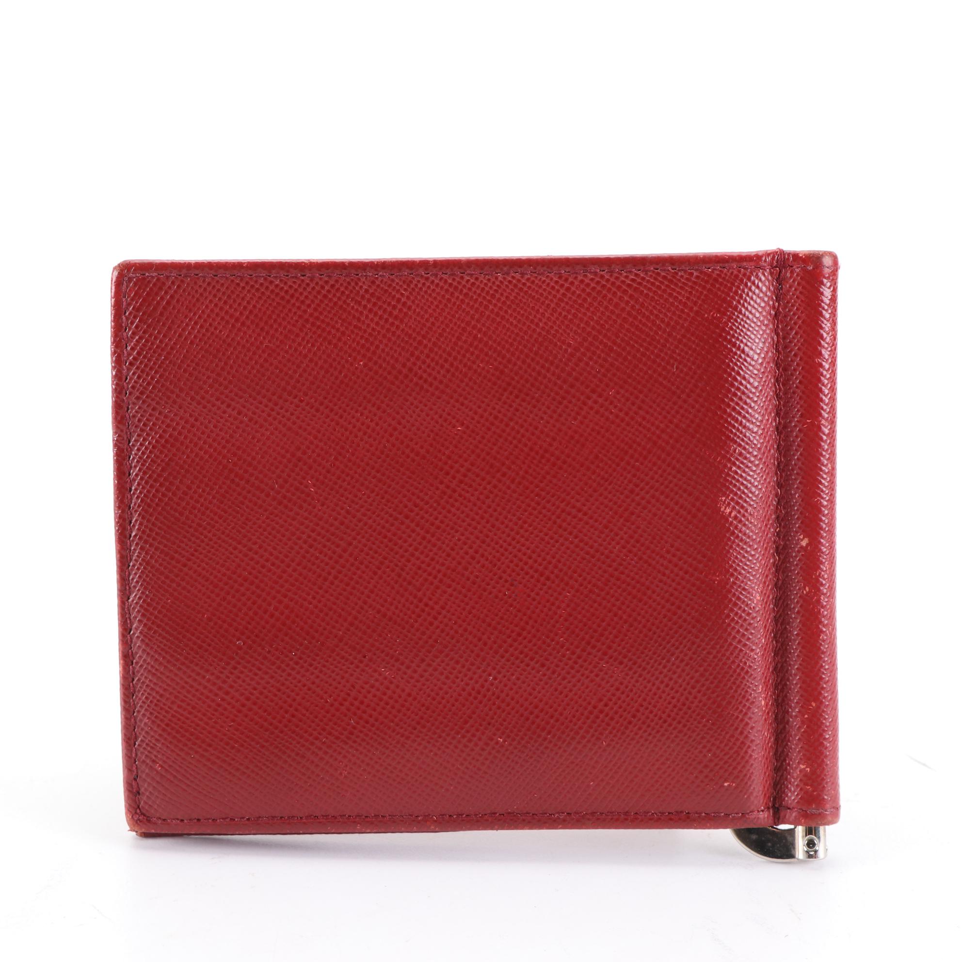 Prada Money Clip Bifold Wallet in Red Saffiano Lux Leather