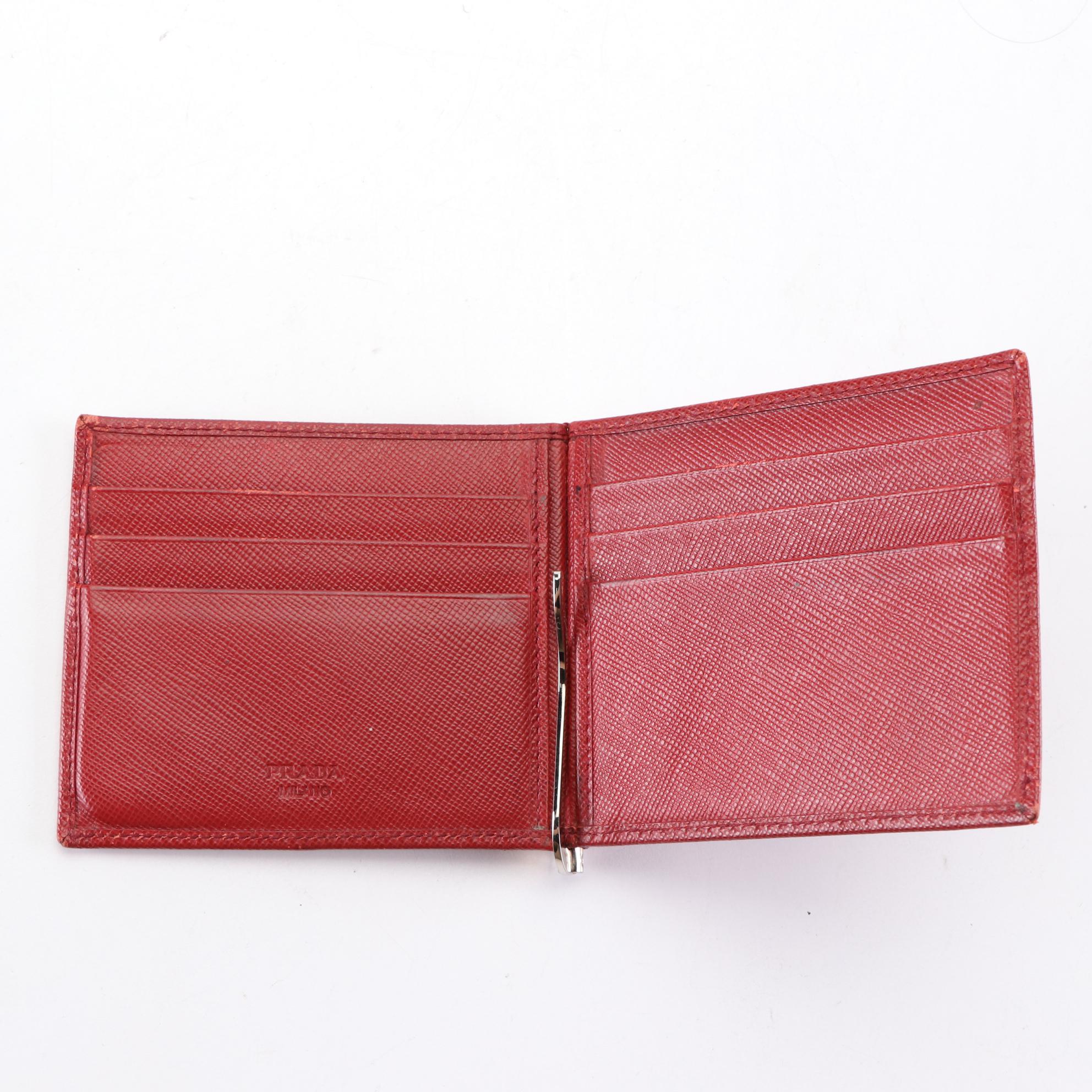 Prada Money Clip Bifold Wallet in Red Saffiano Lux Leather