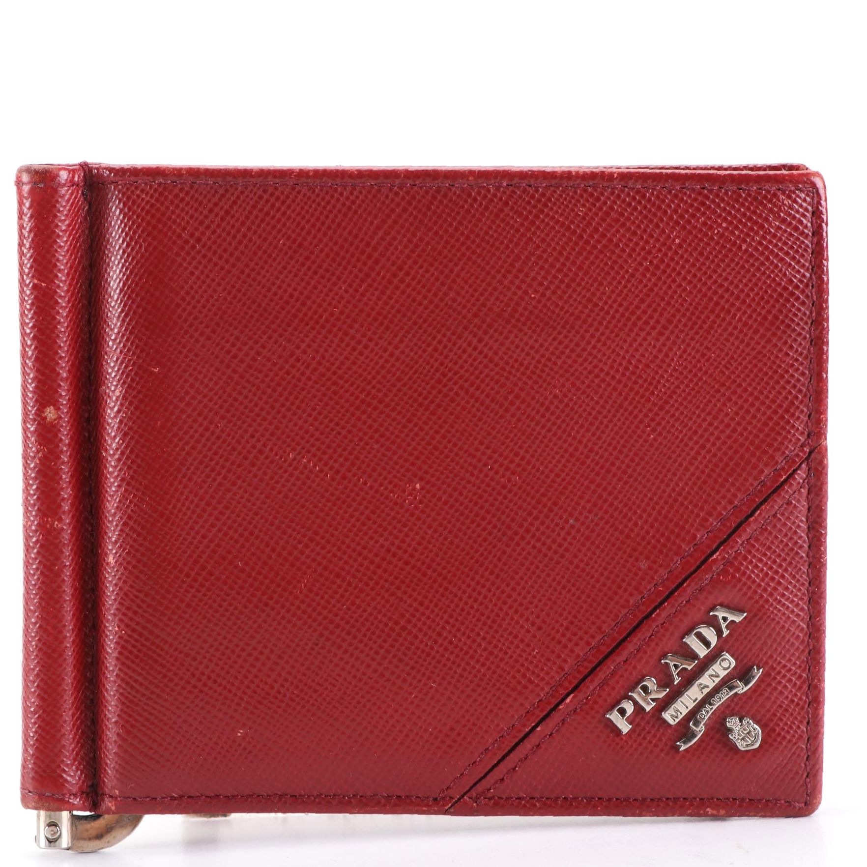 Prada Money Clip Bifold Wallet in Red Saffiano Lux Leather