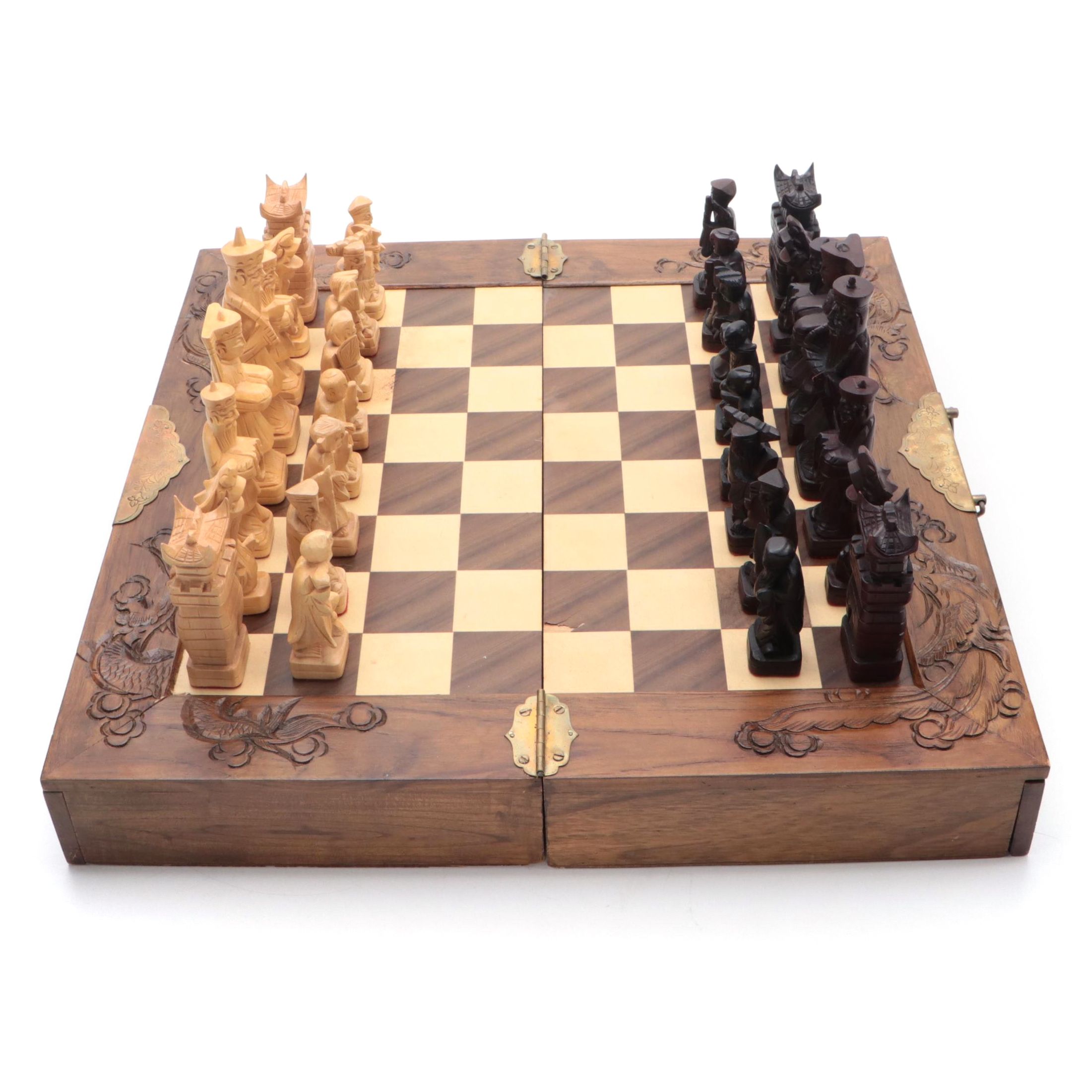 Hand-Carved Wooden Chess Board Converting Case With Pieces