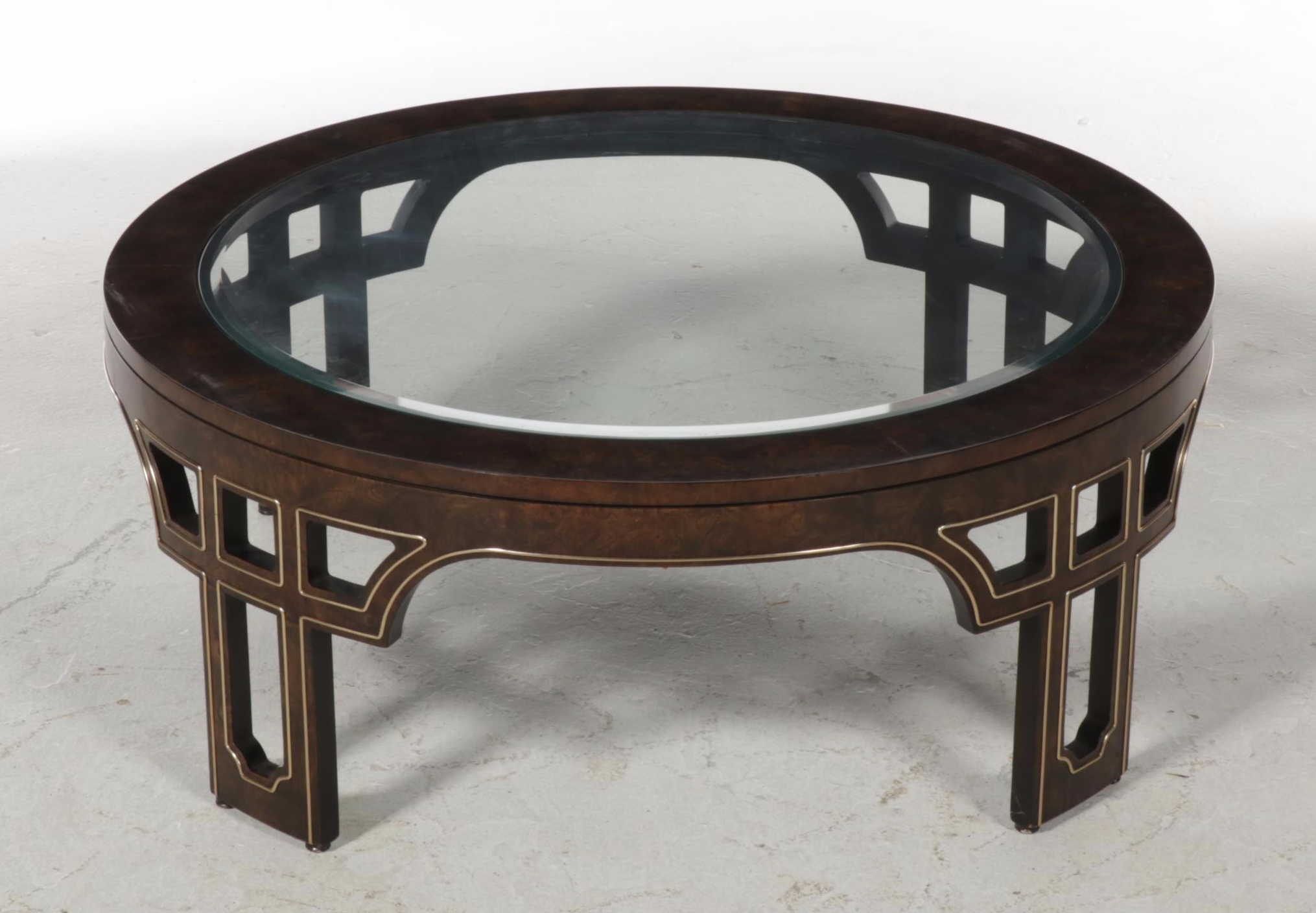 Modernist Brass-Mounted Burl Elm and Glass Top Coffee Table, circa 1970