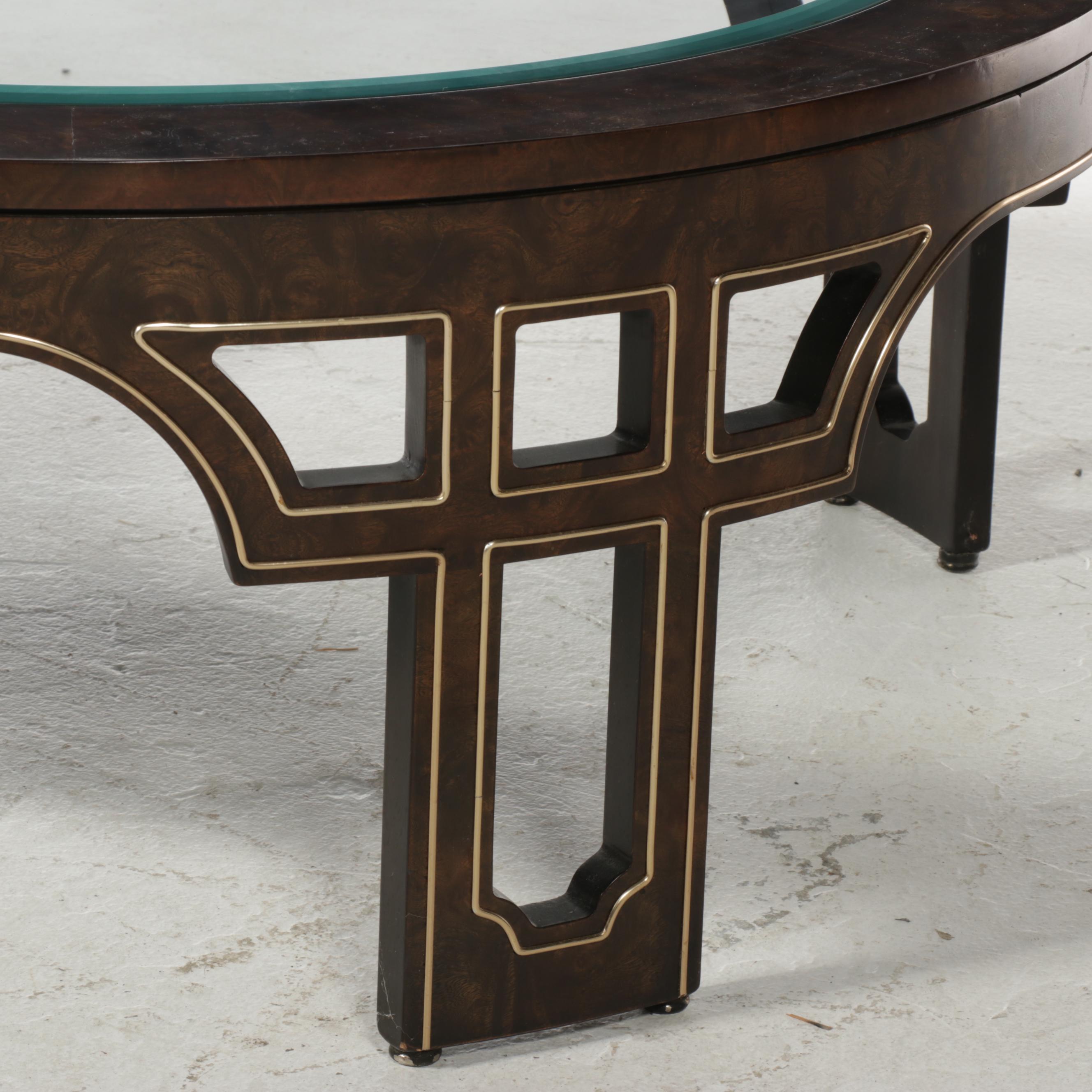 Modernist Brass-Mounted Burl Elm and Glass Top Coffee Table, circa 1970