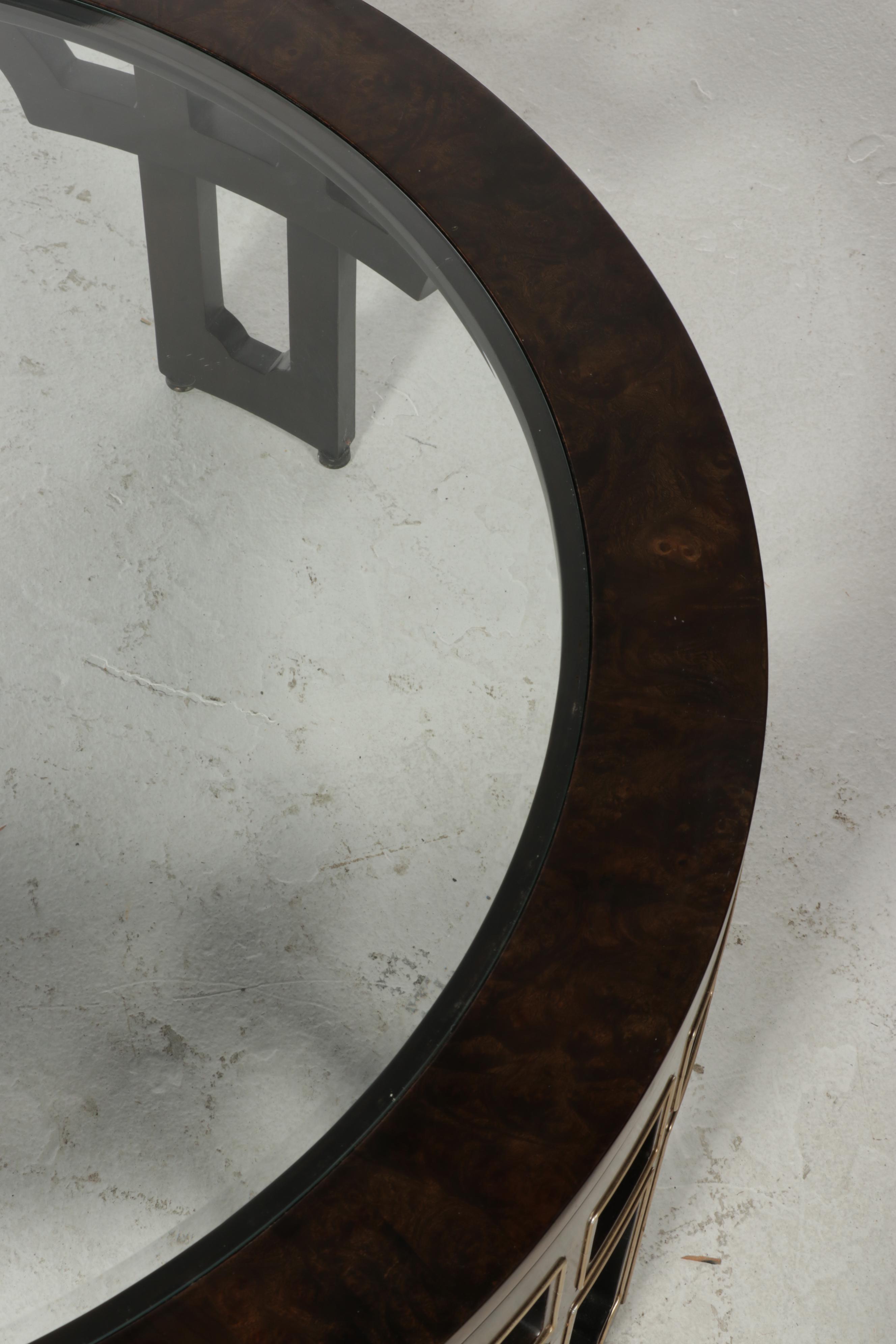 Modernist Brass-Mounted Burl Elm and Glass Top Coffee Table, circa 1970