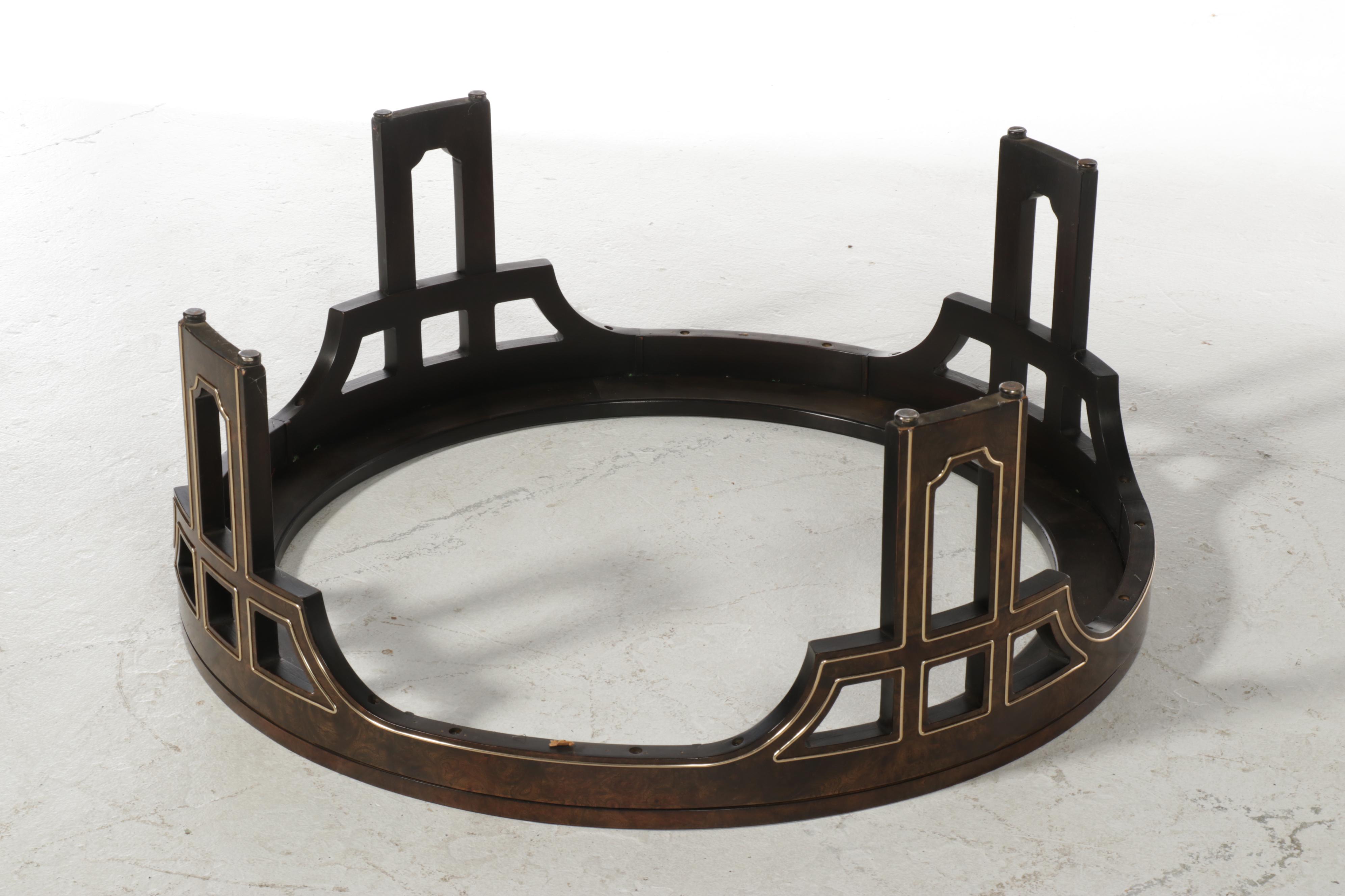 Modernist Brass-Mounted Burl Elm and Glass Top Coffee Table, circa 1970