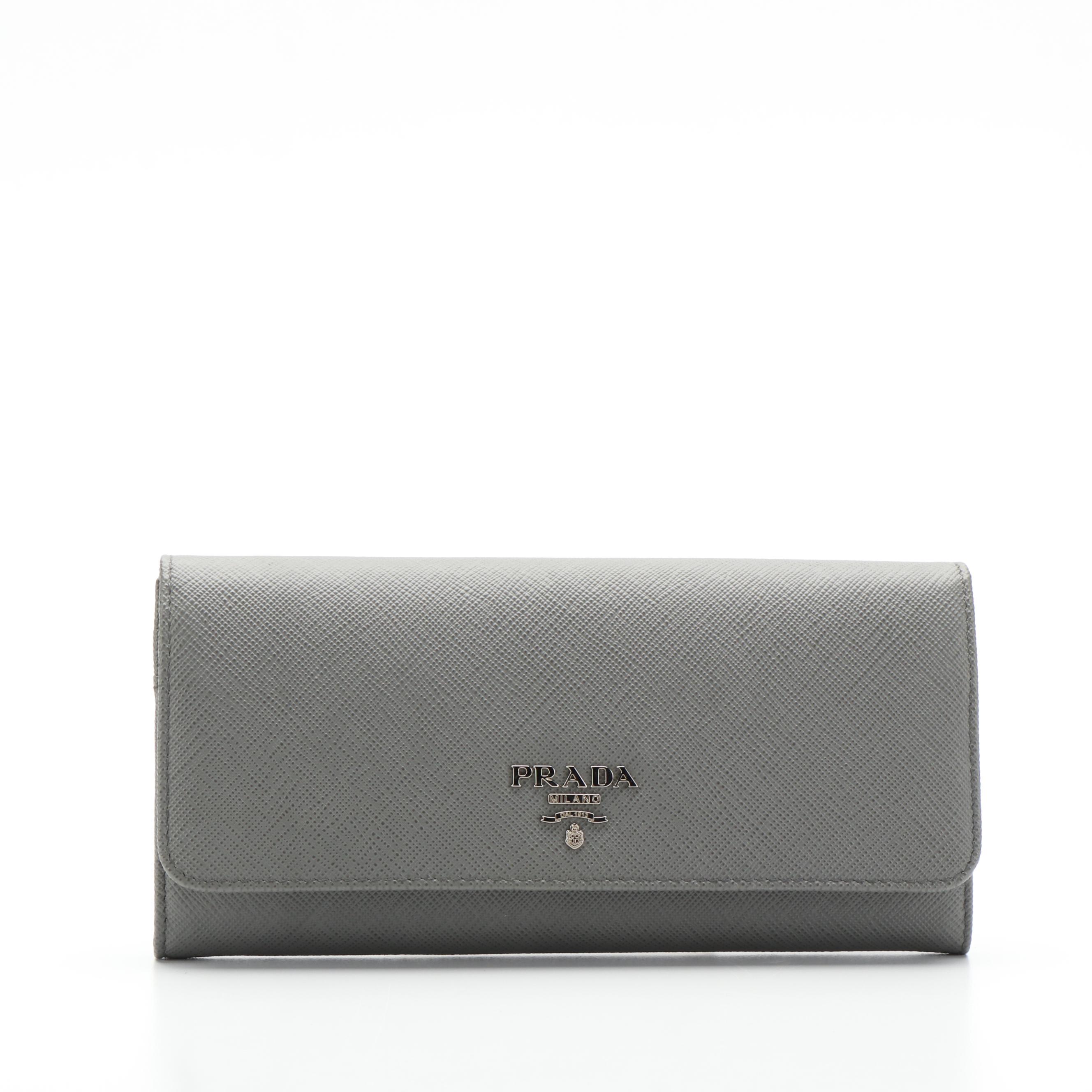 Prada Long Wallet with Card Holder in Gray Saffiano Leather with Box