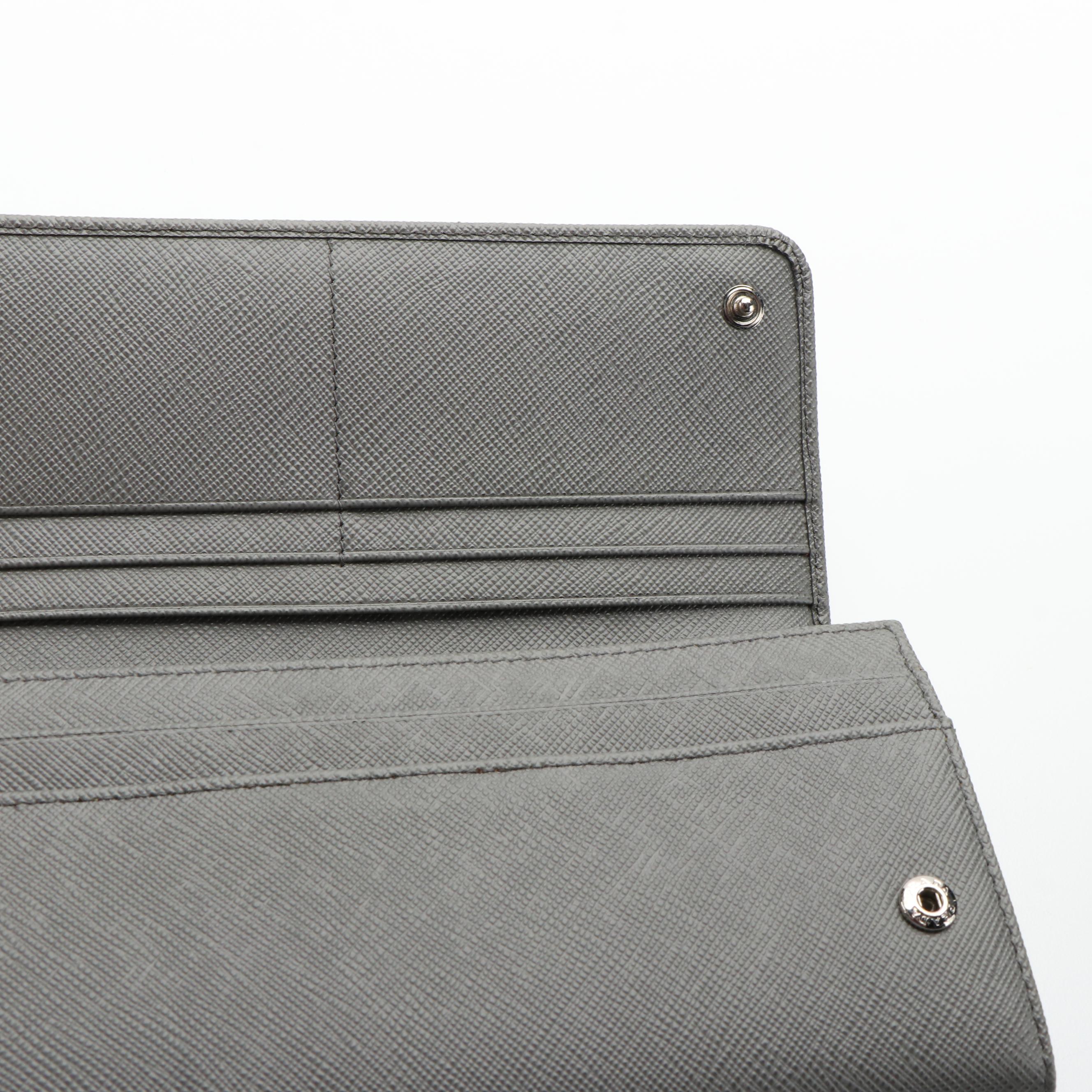 Prada Long Wallet with Card Holder in Gray Saffiano Leather with Box