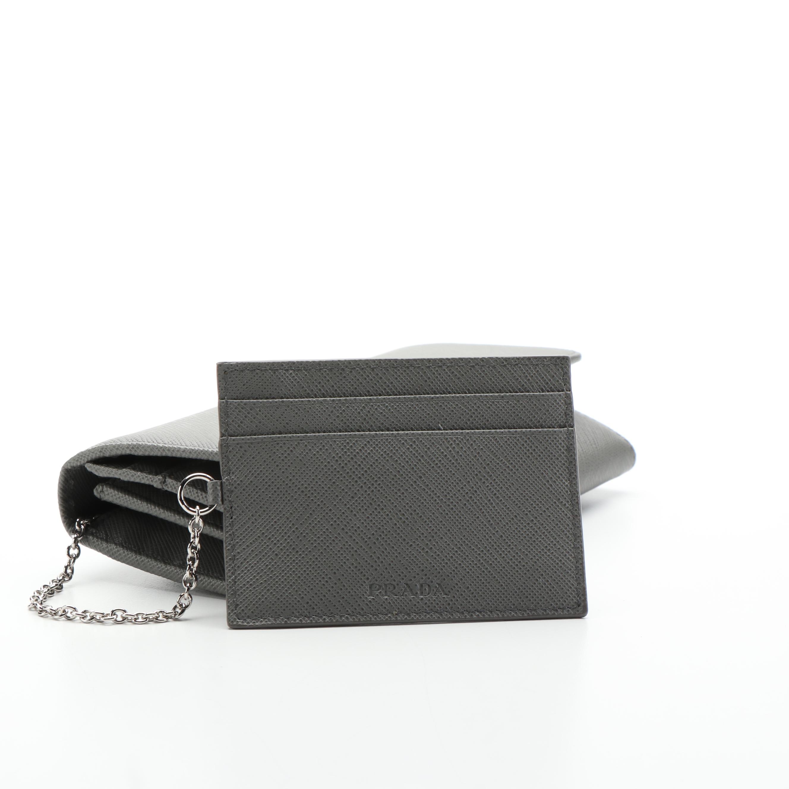Prada Long Wallet with Card Holder in Gray Saffiano Leather with Box