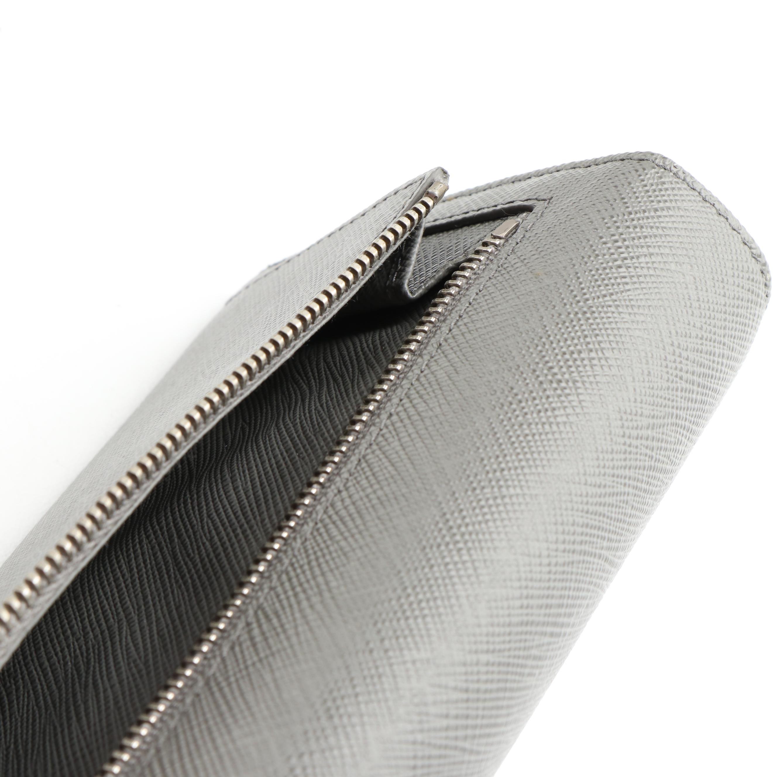 Prada Long Wallet with Card Holder in Gray Saffiano Leather with Box