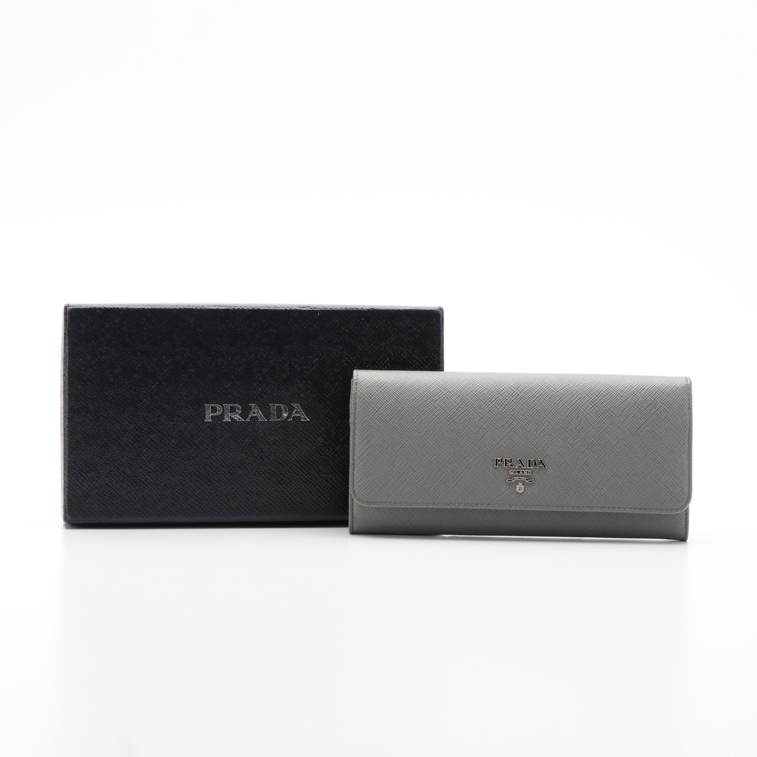 Prada Long Wallet with Card Holder in Gray Saffiano Leather with Box