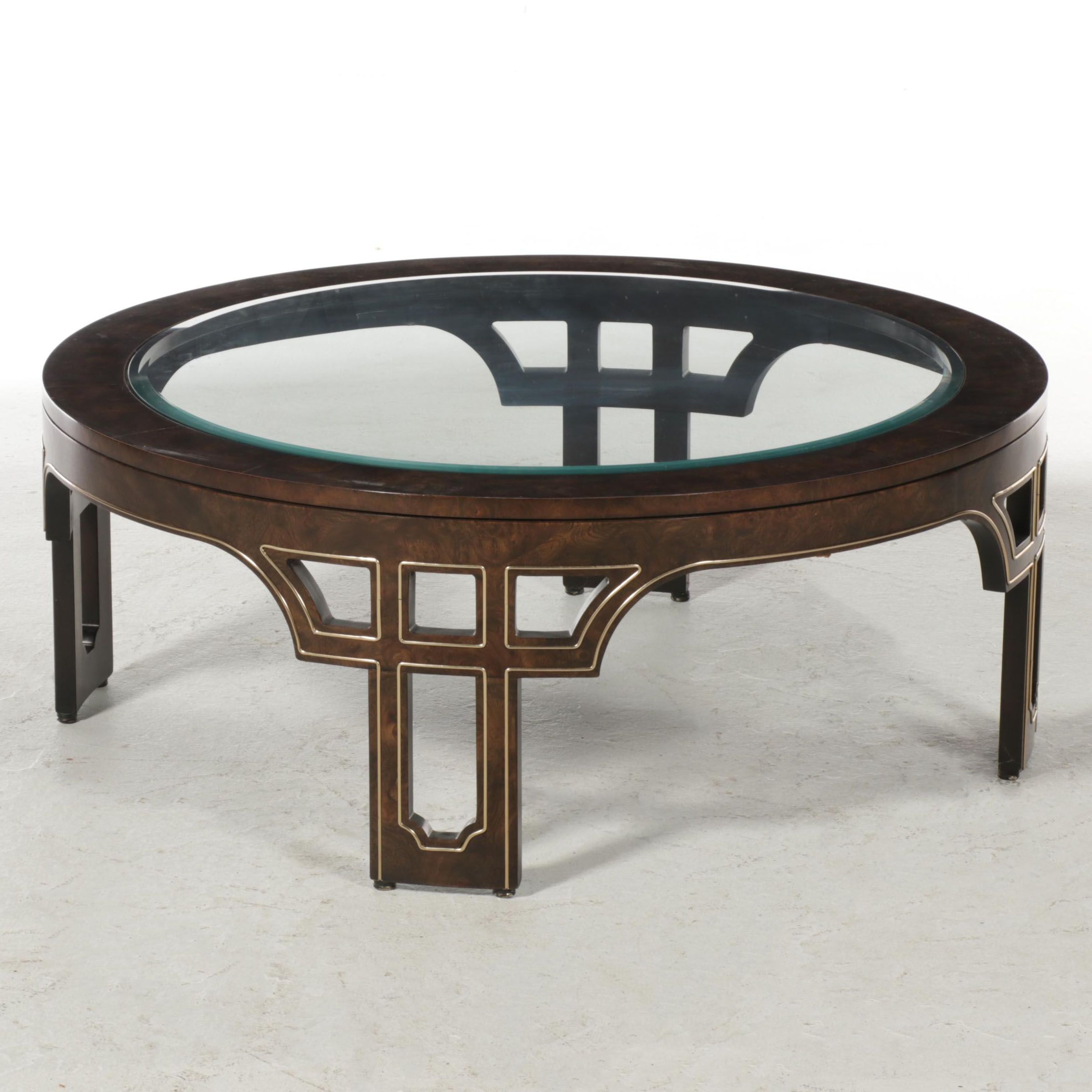 Modernist Brass-Mounted Burl Elm and Glass Top Coffee Table, circa 1970